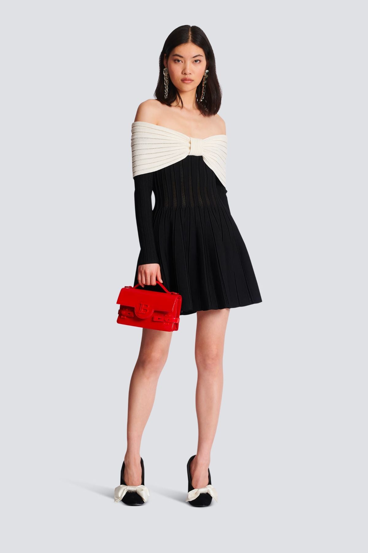 Balmain Off The Shoulder Knit Mini Dress - Black/ White