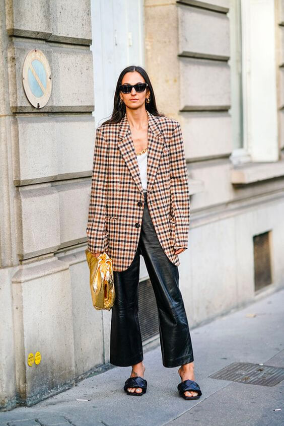 Oversized plaid blazer with Leather Pants and slides