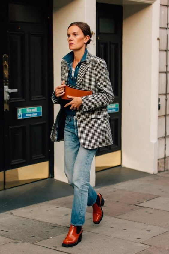 Plaid Blazer with denim jeans and boots