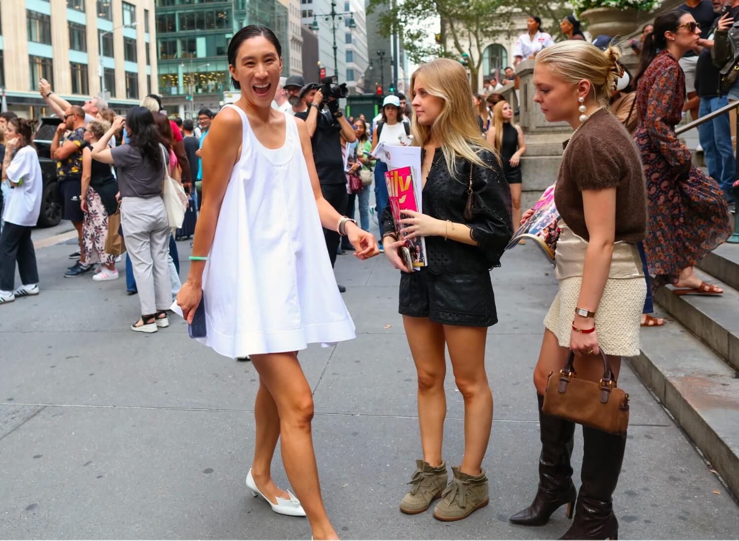 Eva Chen wearing Loewe mini dress at NYFW