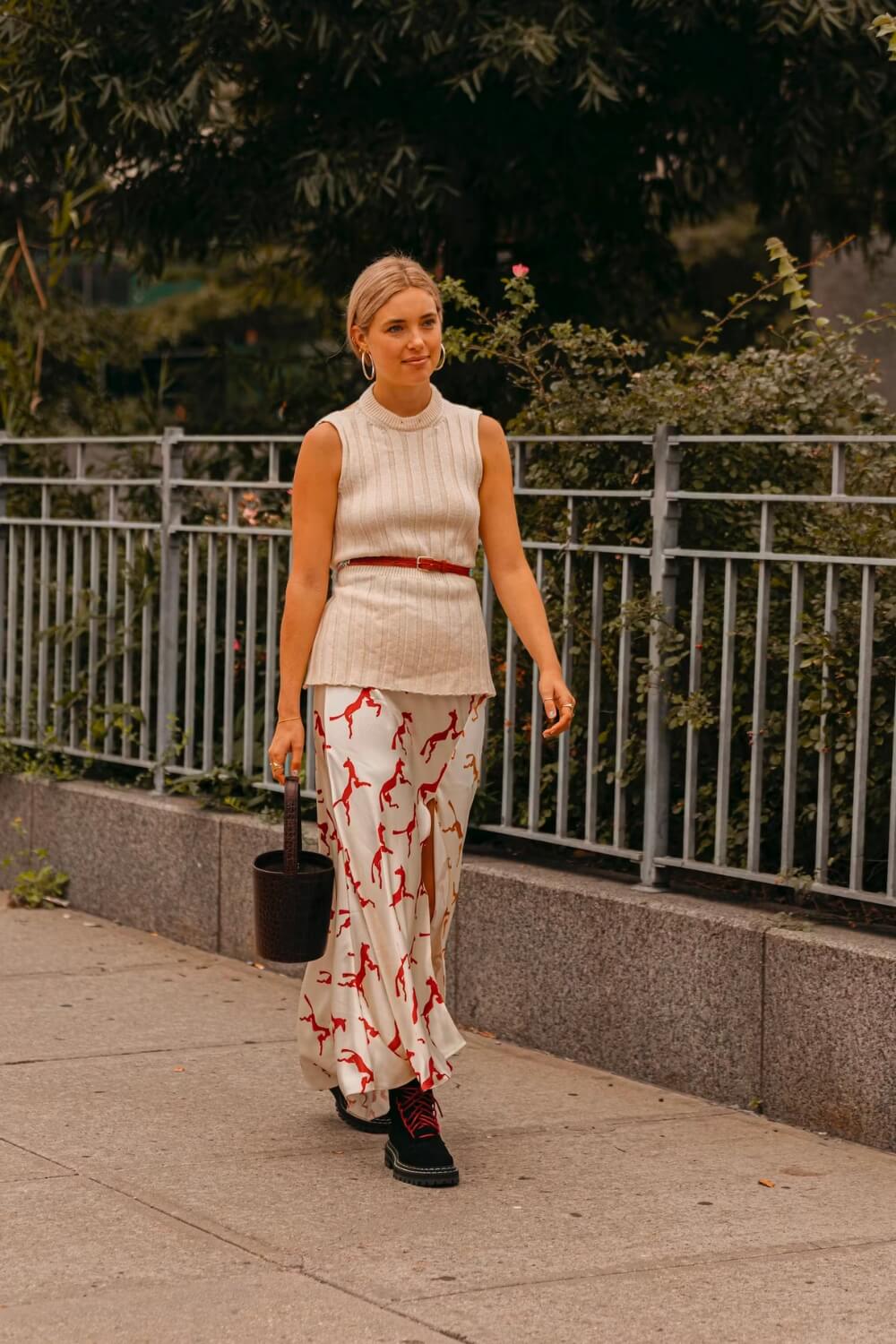 Horse Print Silk Skirt Street Style