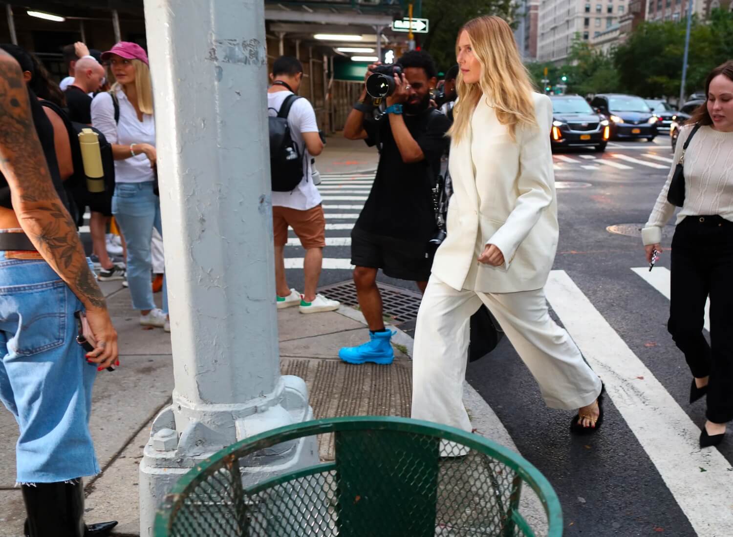 White Blazer and wide leg pant outfit new york fashion week street style
