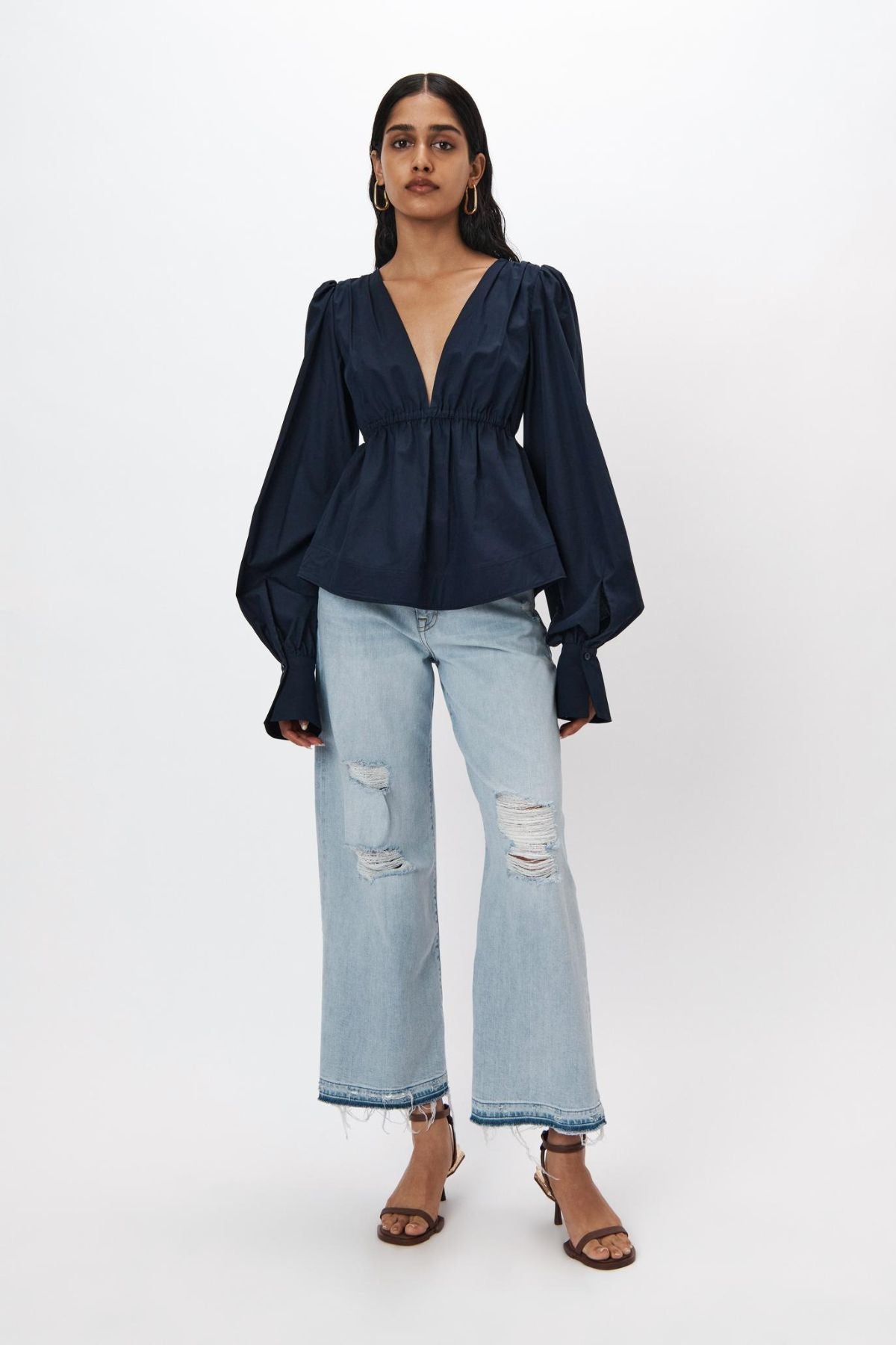 Simkhai Dominique Cotton Poplin Tie Sleeve Top - Midnight