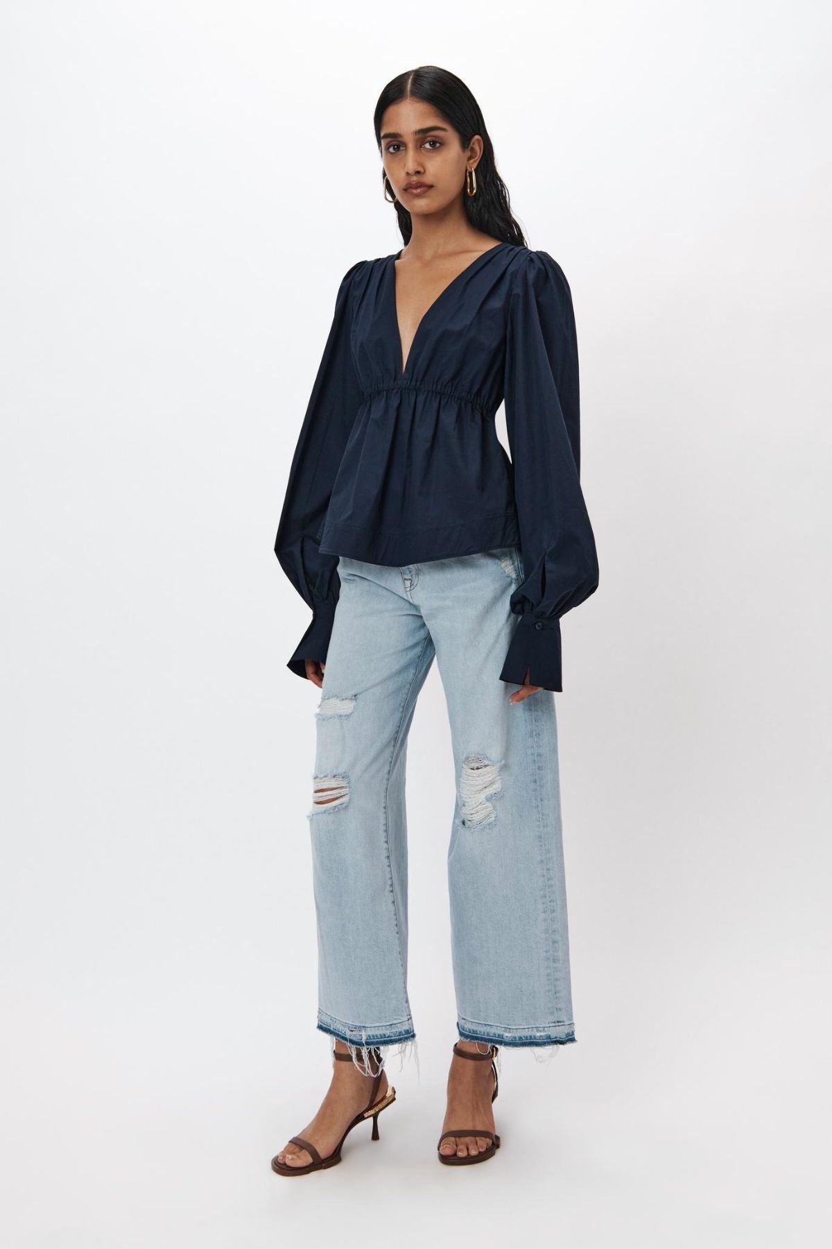 Simkhai Dominique Cotton Poplin Tie Sleeve Top - Midnight