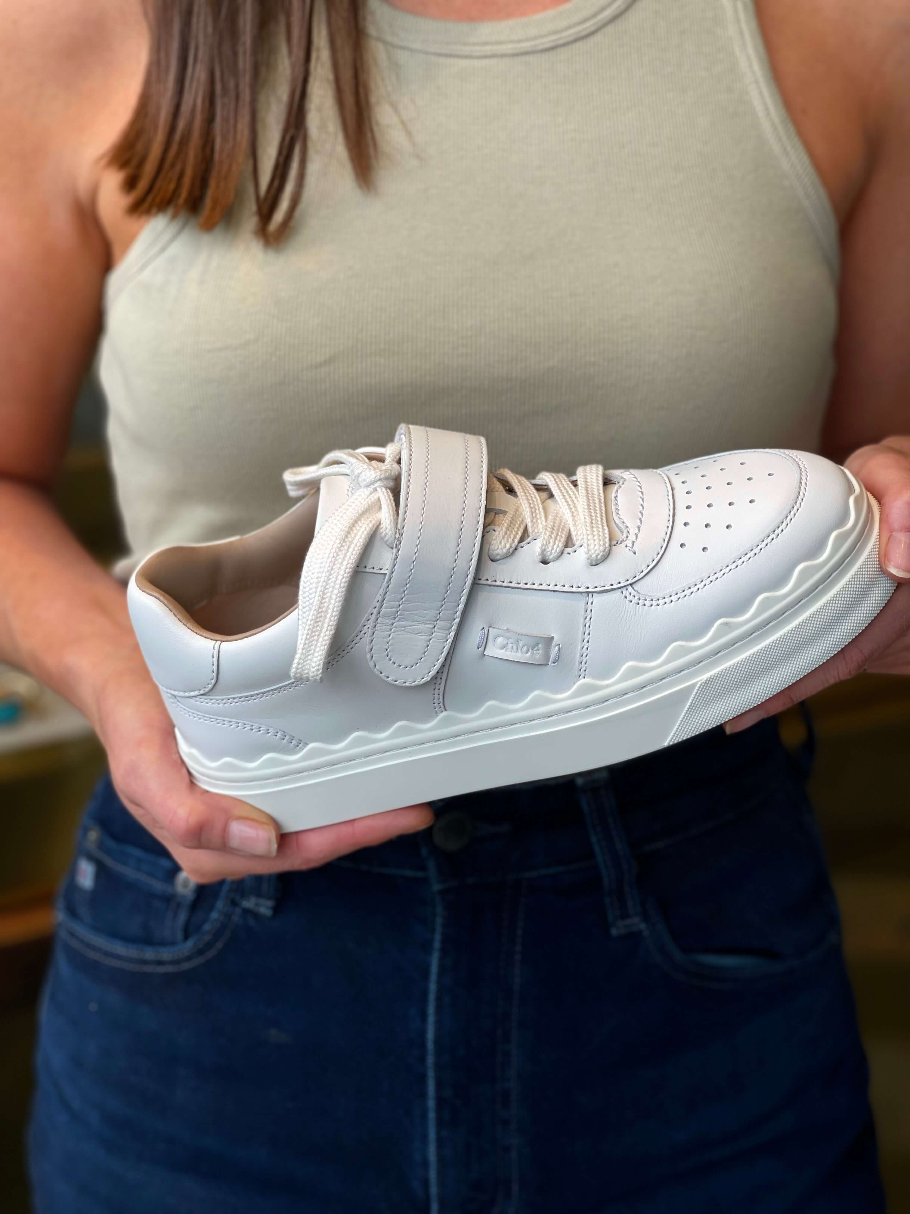 Chloe Lauren Velcro White Leather Sneakers