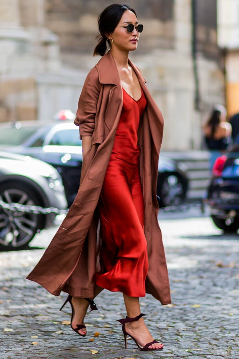 Red Silk Slip Dress Street Style Outfit