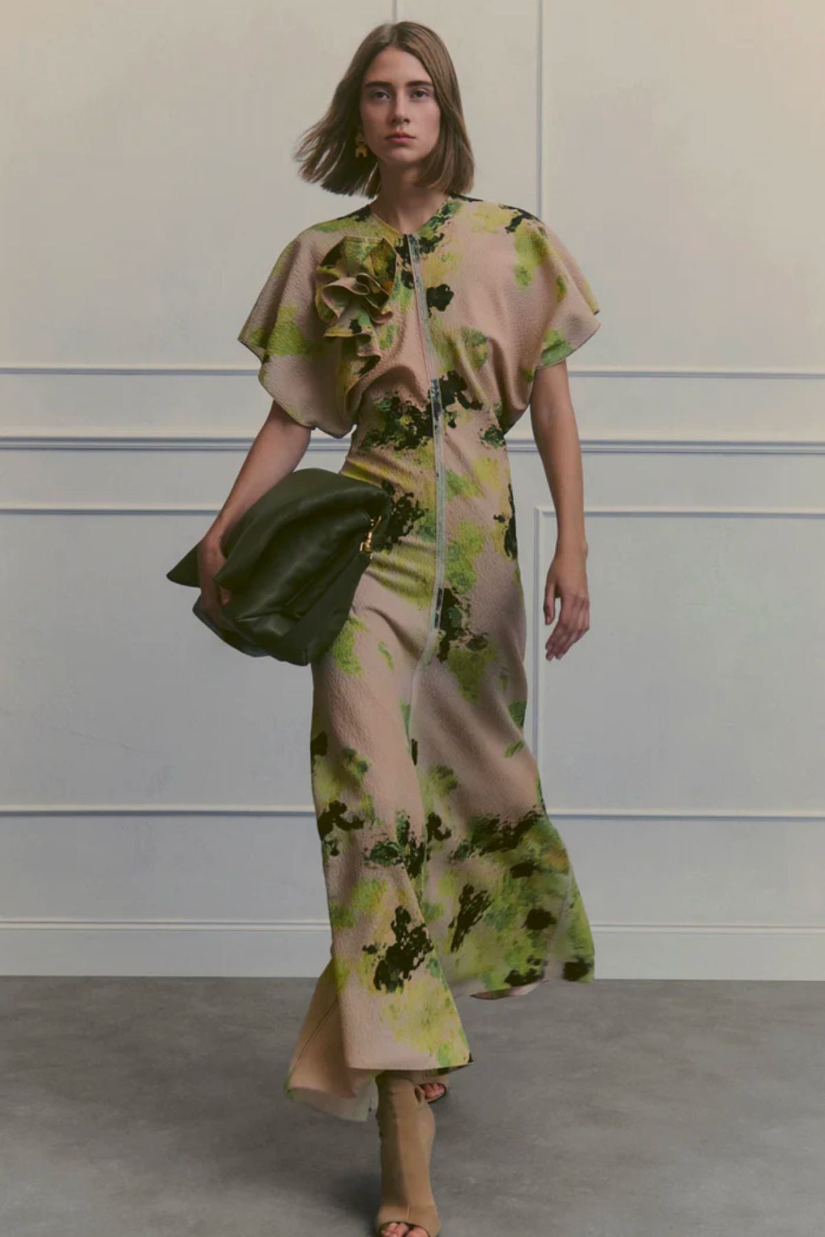 Victoria Beckham Drape Shoulder Printed Dress - Peach/ Lime