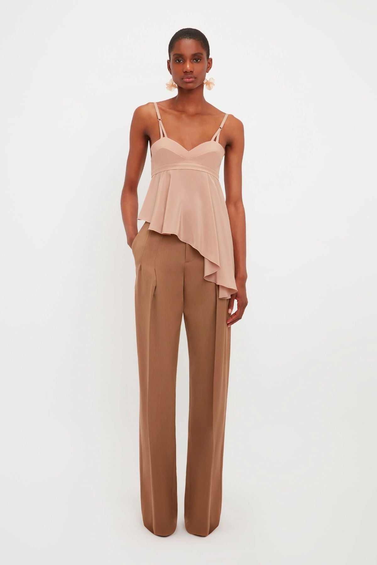 Victoria Beckham Front Pleat Trousers	- Fawn