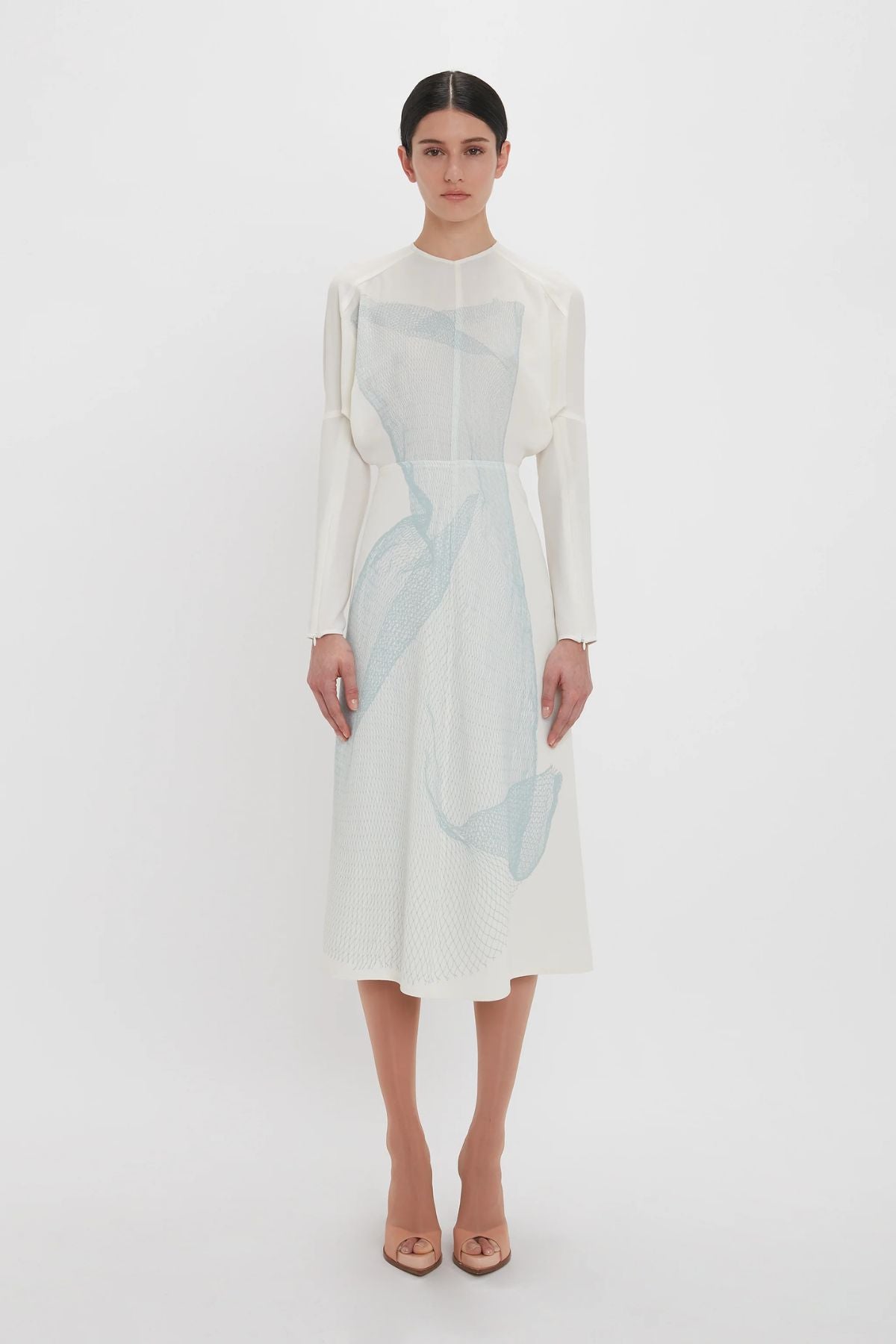 Victoria Beckham Long Sleeve Dolman Midi Dress - White/ Viper Blue