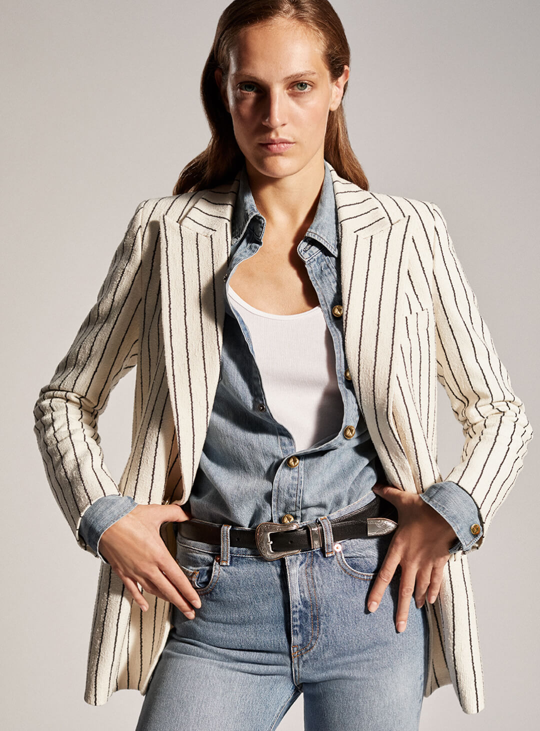 Double denim with a white pinstriped blazer