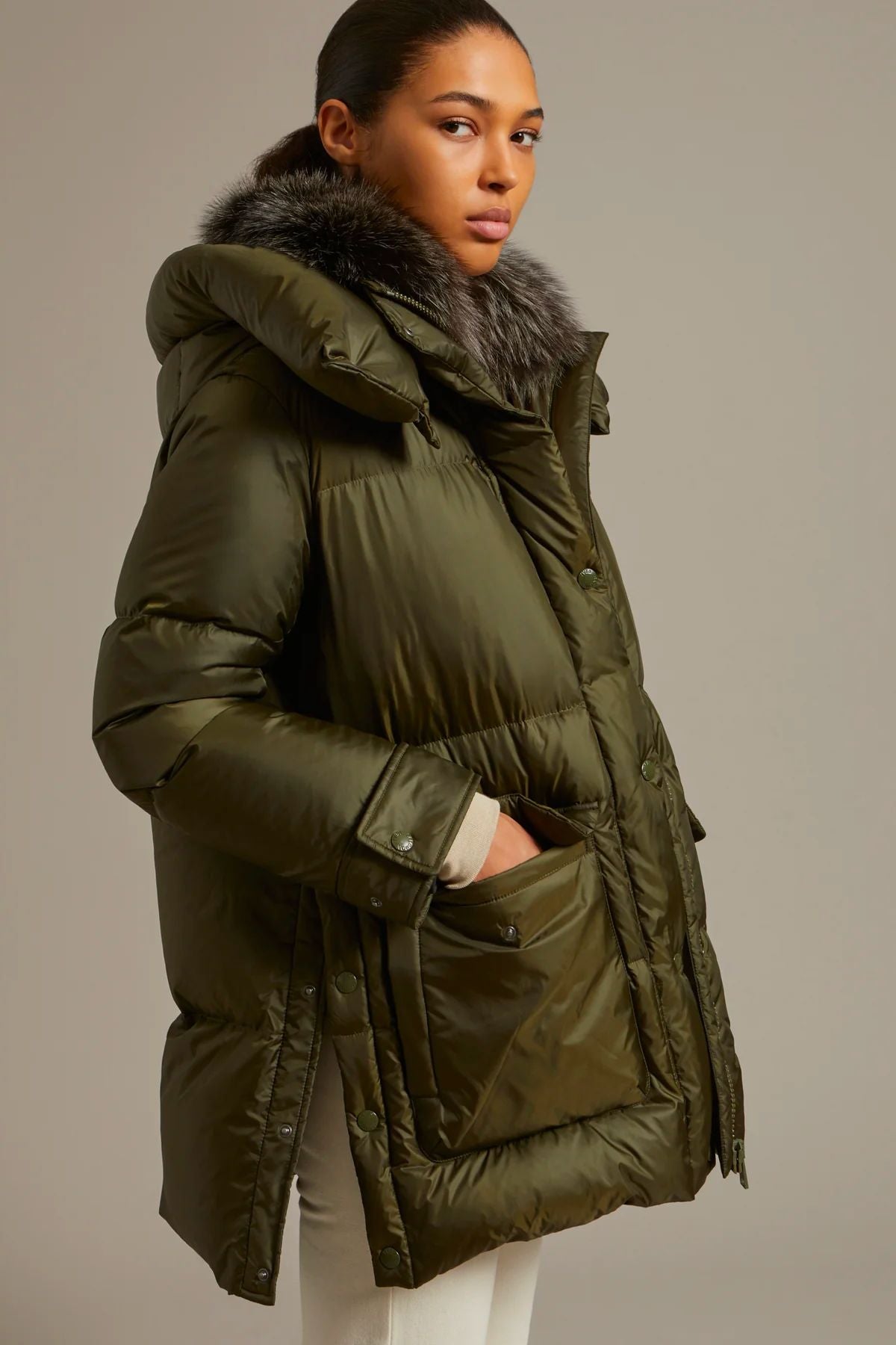 Yves Salomon 3/4 Down Jacket with Fox Trim - Hunter Green