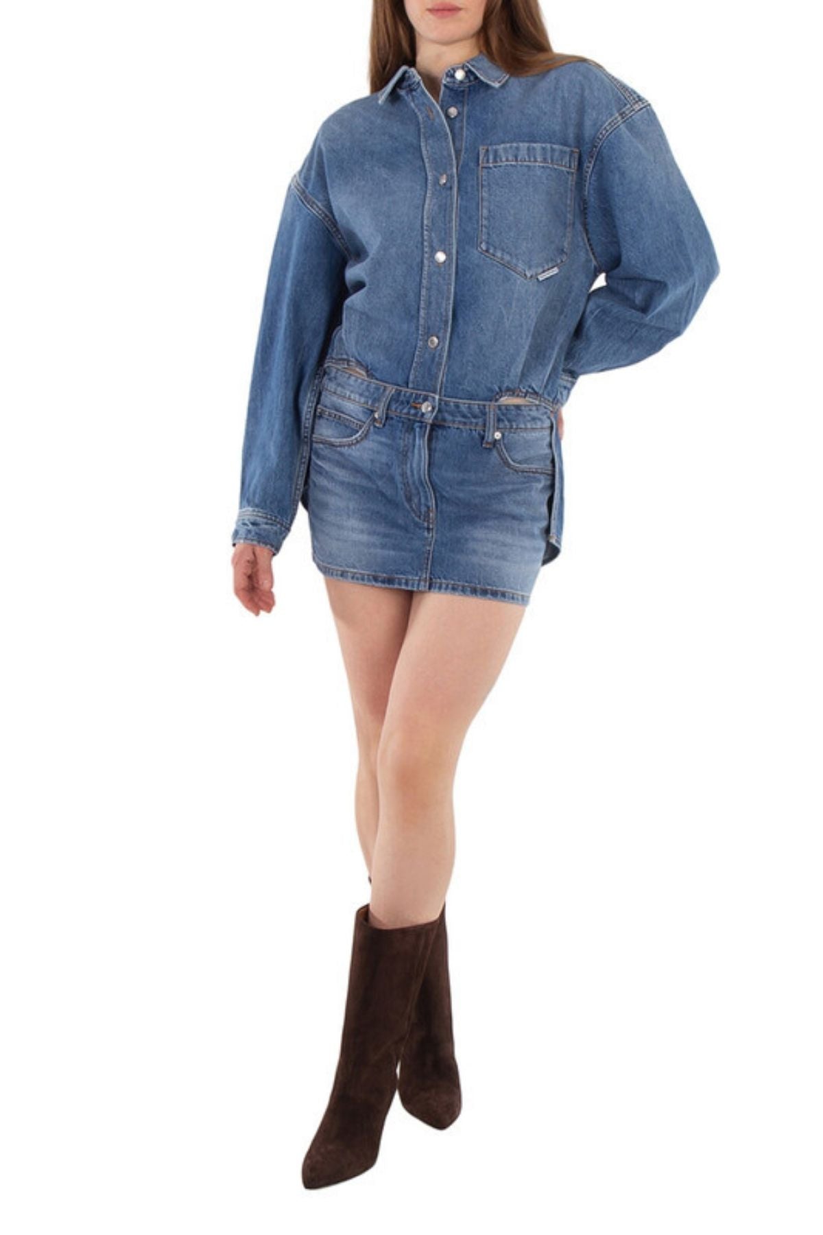Alexander Wang Long Sleeve Prestyle Denim Shirt Mini Dress - Vintage Light Indigo