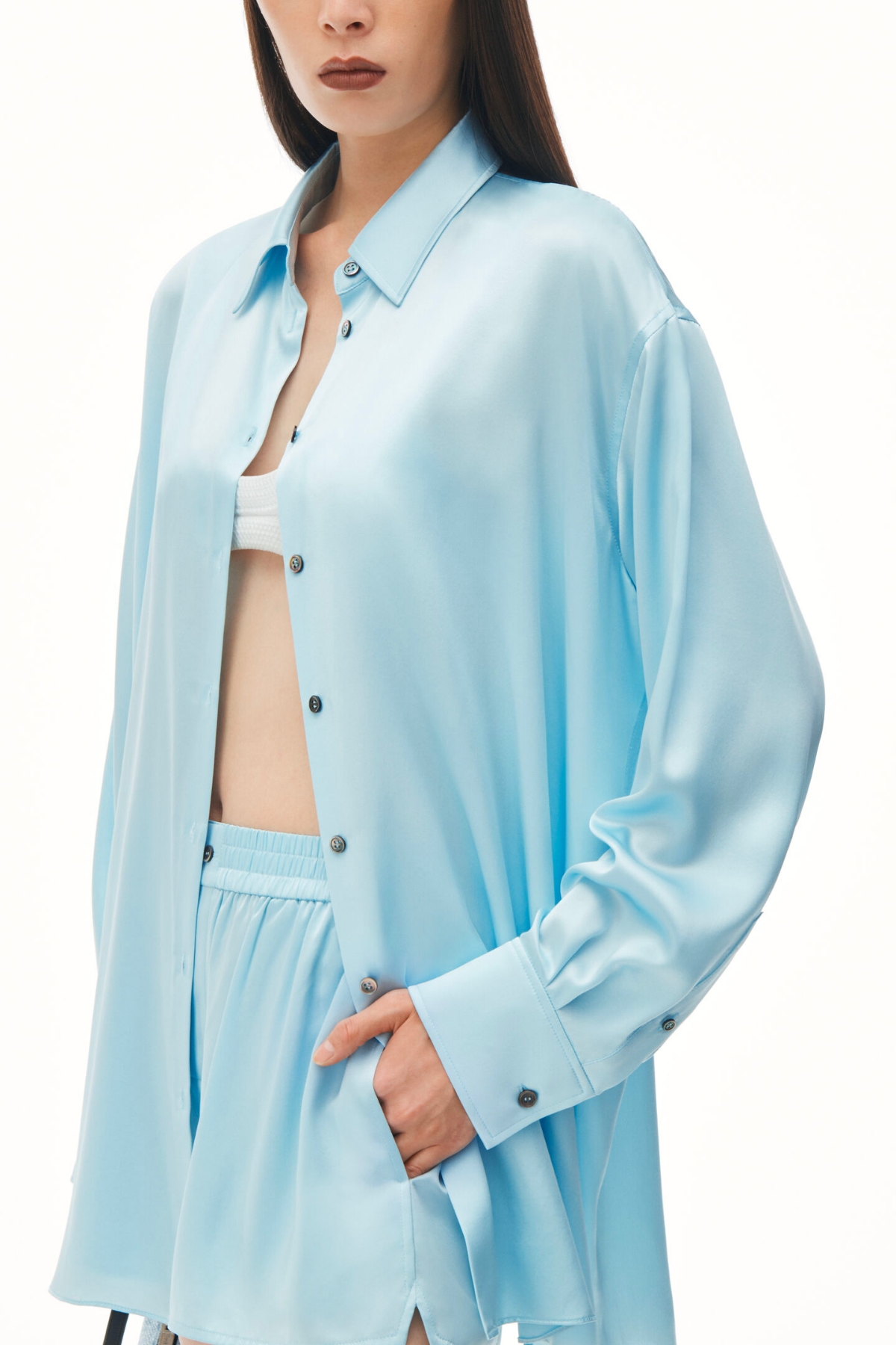 Alexander Wang Oversized Silk Shirt with Logo Cut Out -Shine Blue