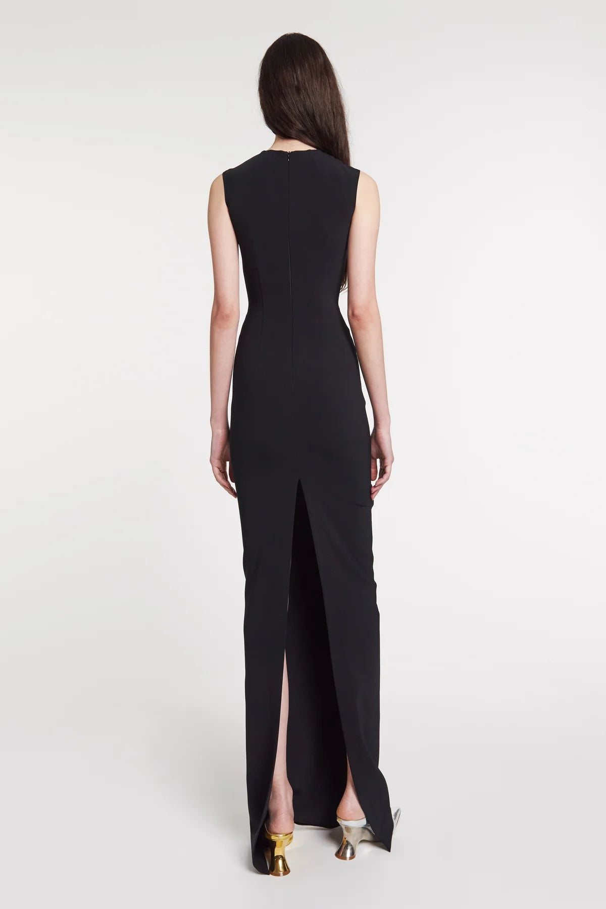 black low back mini dress A.W.A.K.E. Mode Fitted Maxi Dress with Lip Applique
