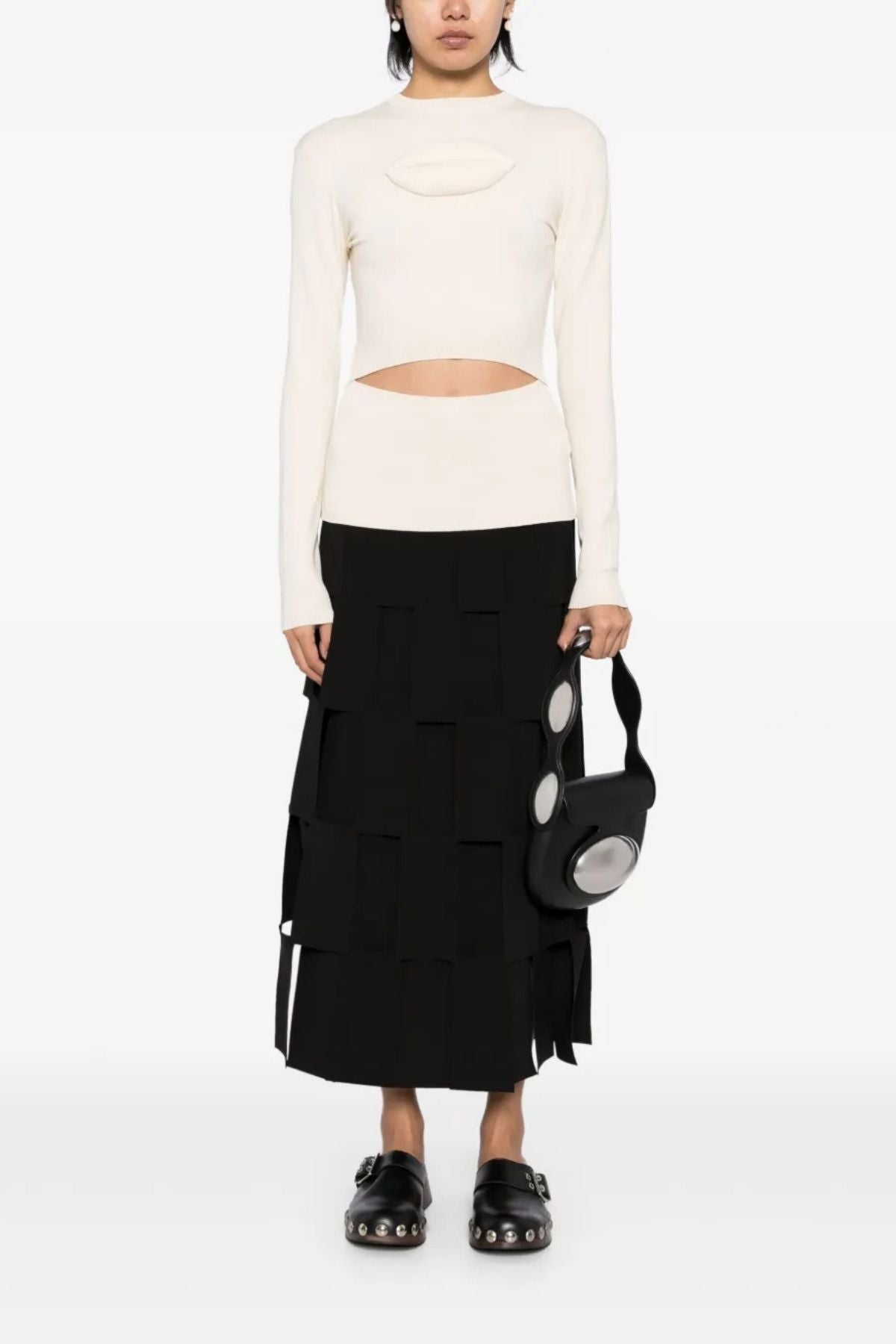 A.W.A.K.E Mode Knit Top with Front Cut Out and Lip Appliqué - Ivory
