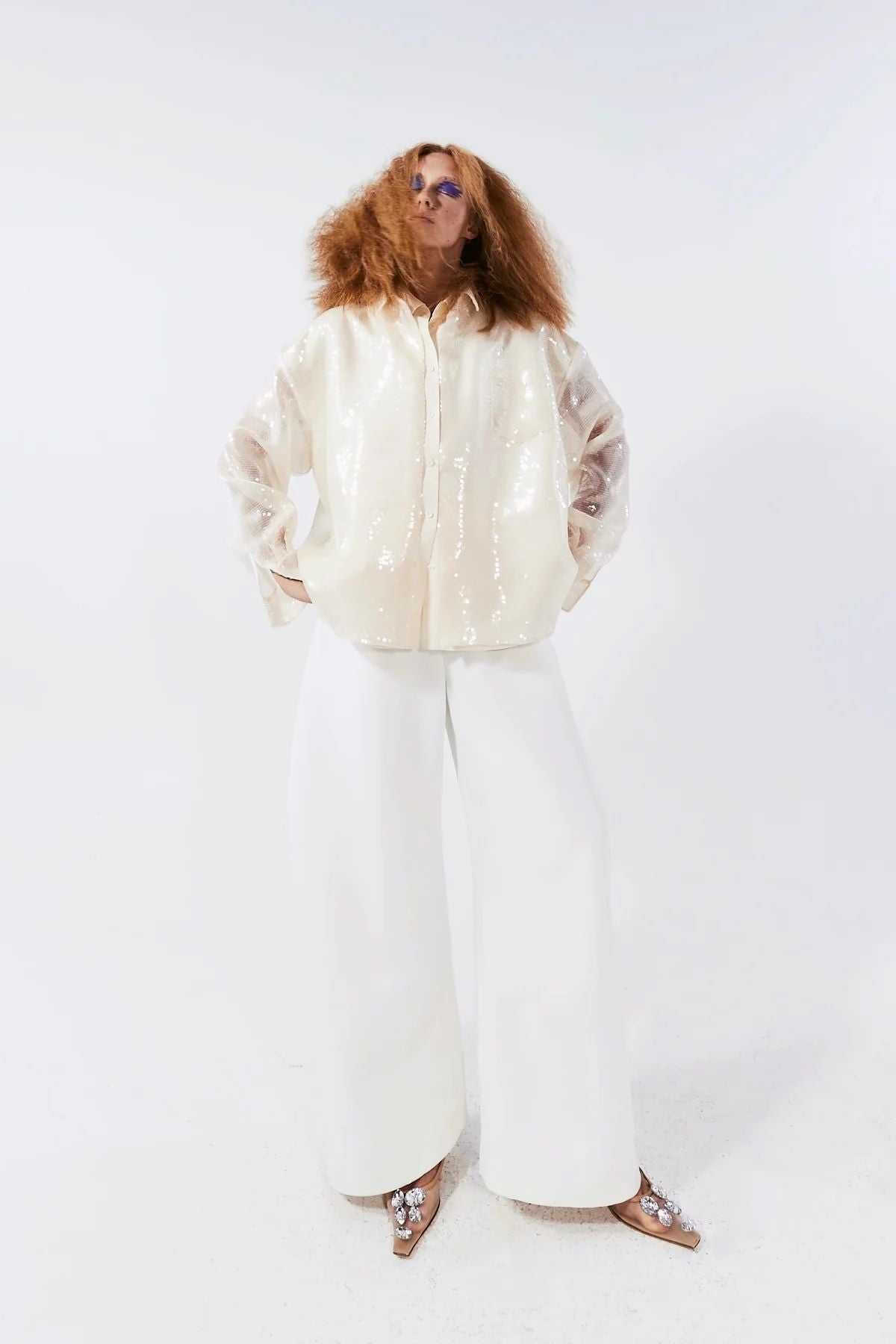 A.W.A.K.E Mode Sequined Double Trompe L'Oeil Shirt - Ivory