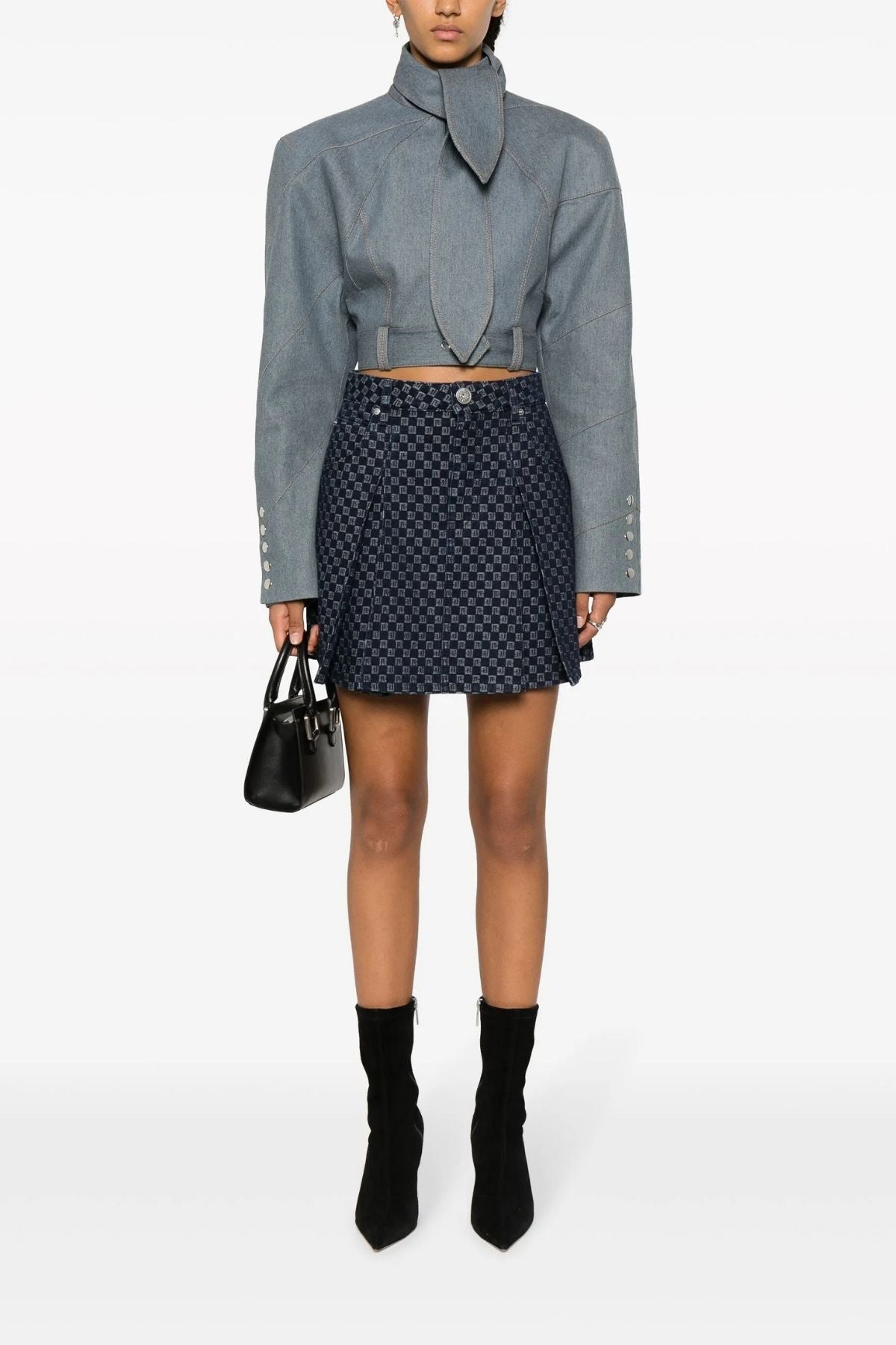 Balmain Pleated Monogram Denim Mini Skirt - Denim Blue