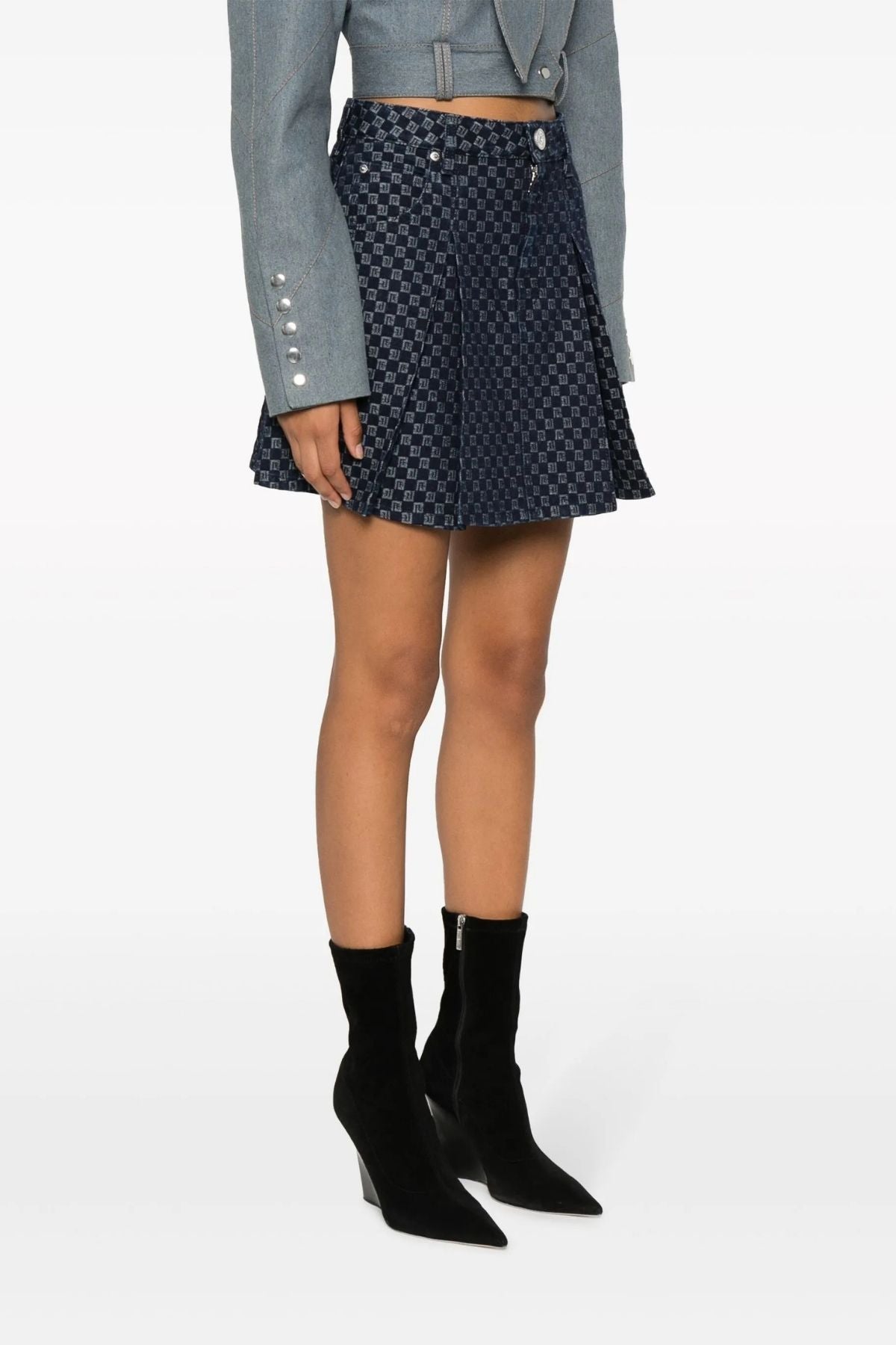 Balmain Pleated Monogram Denim Mini Skirt - Denim Blue