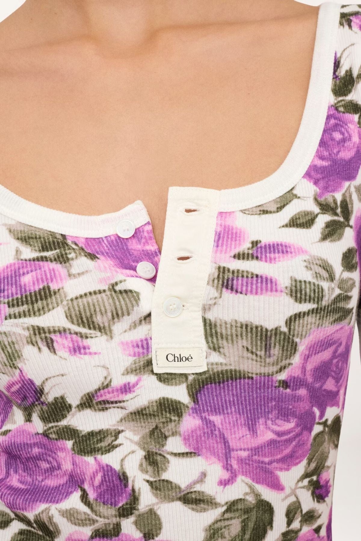 Chloé Roses Print Henley T-Shirt - White Purple