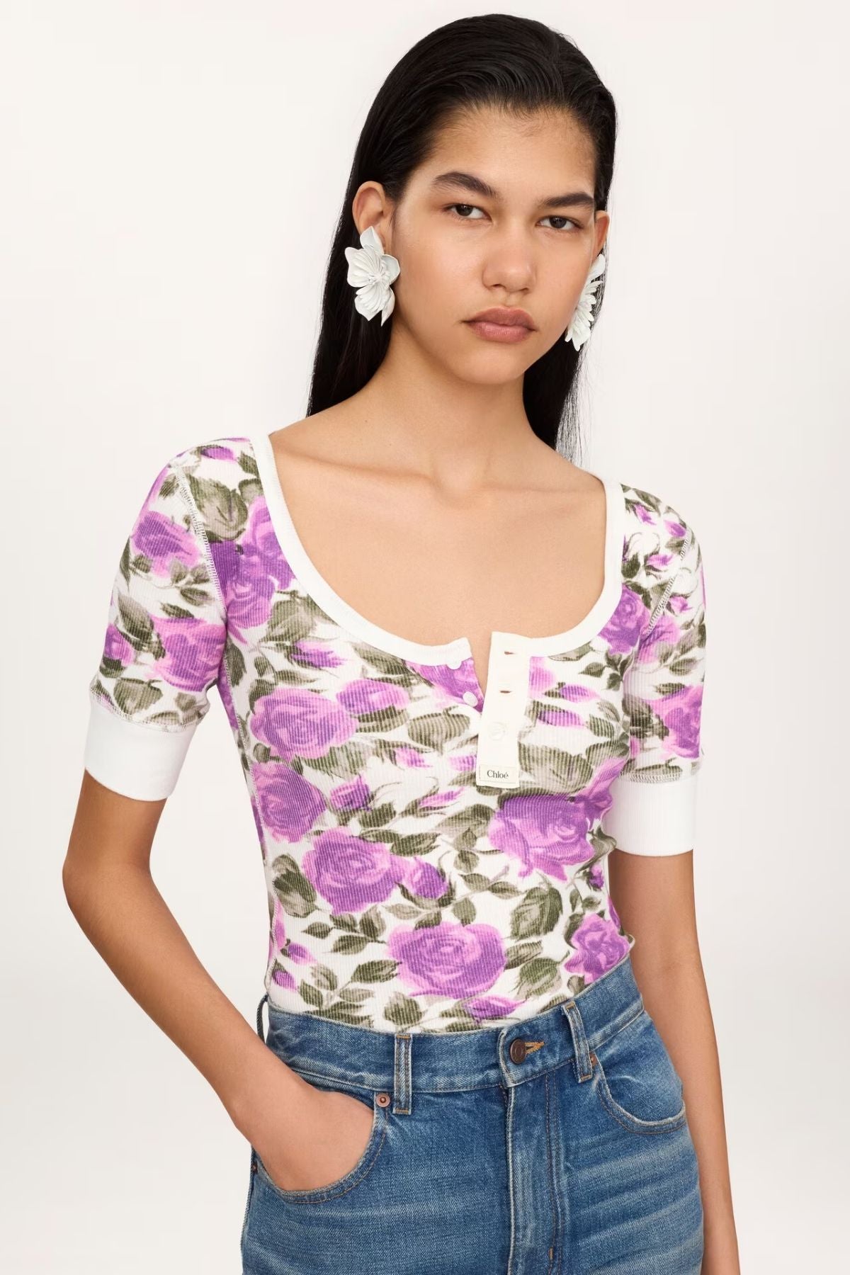 Chloé Roses Print Henley T-Shirt - White Purple