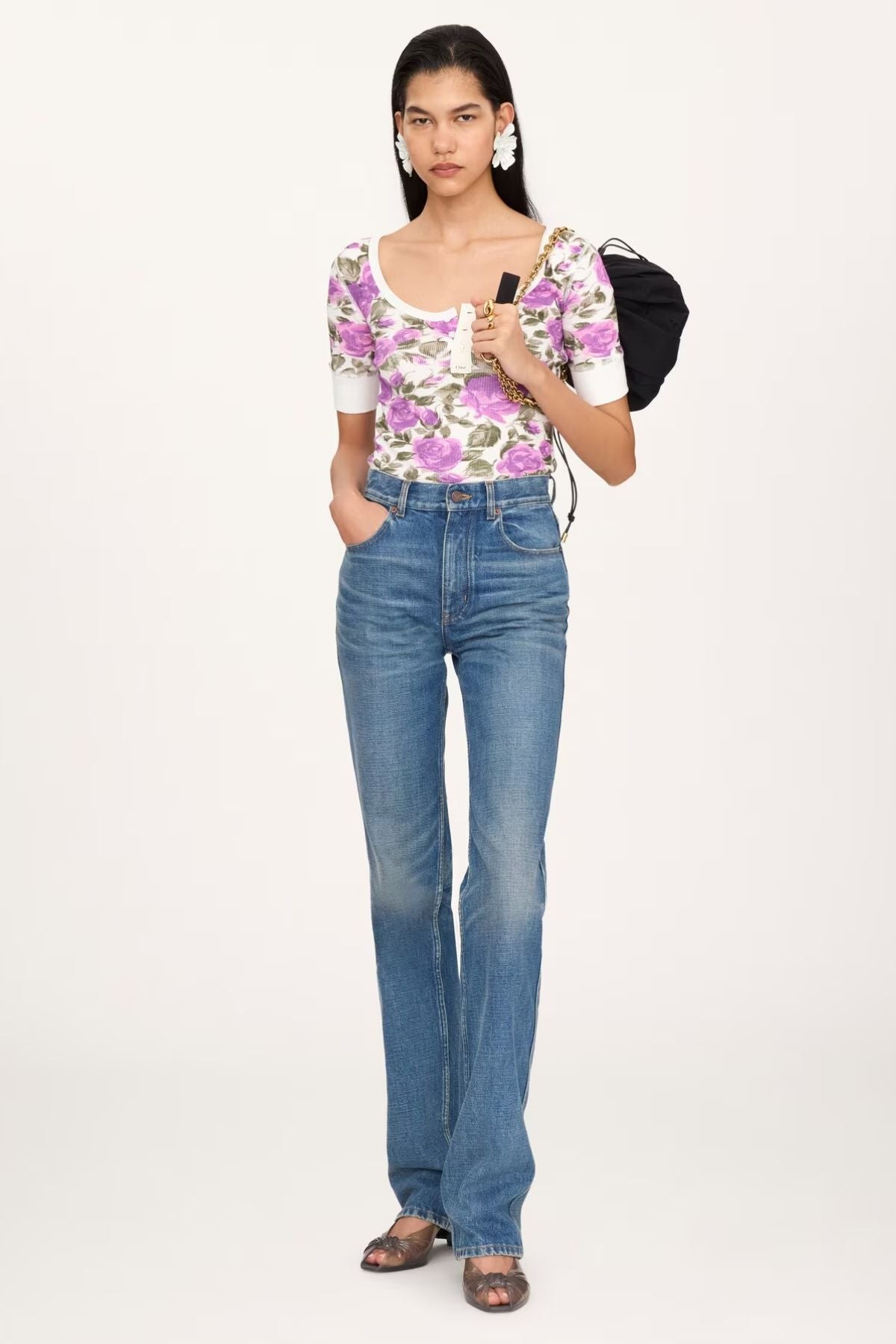 Chloé Roses Print Henley T-Shirt - White Purple