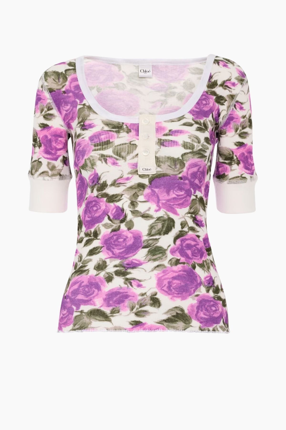 Chloé Roses Print Henley T-Shirt - White Purple