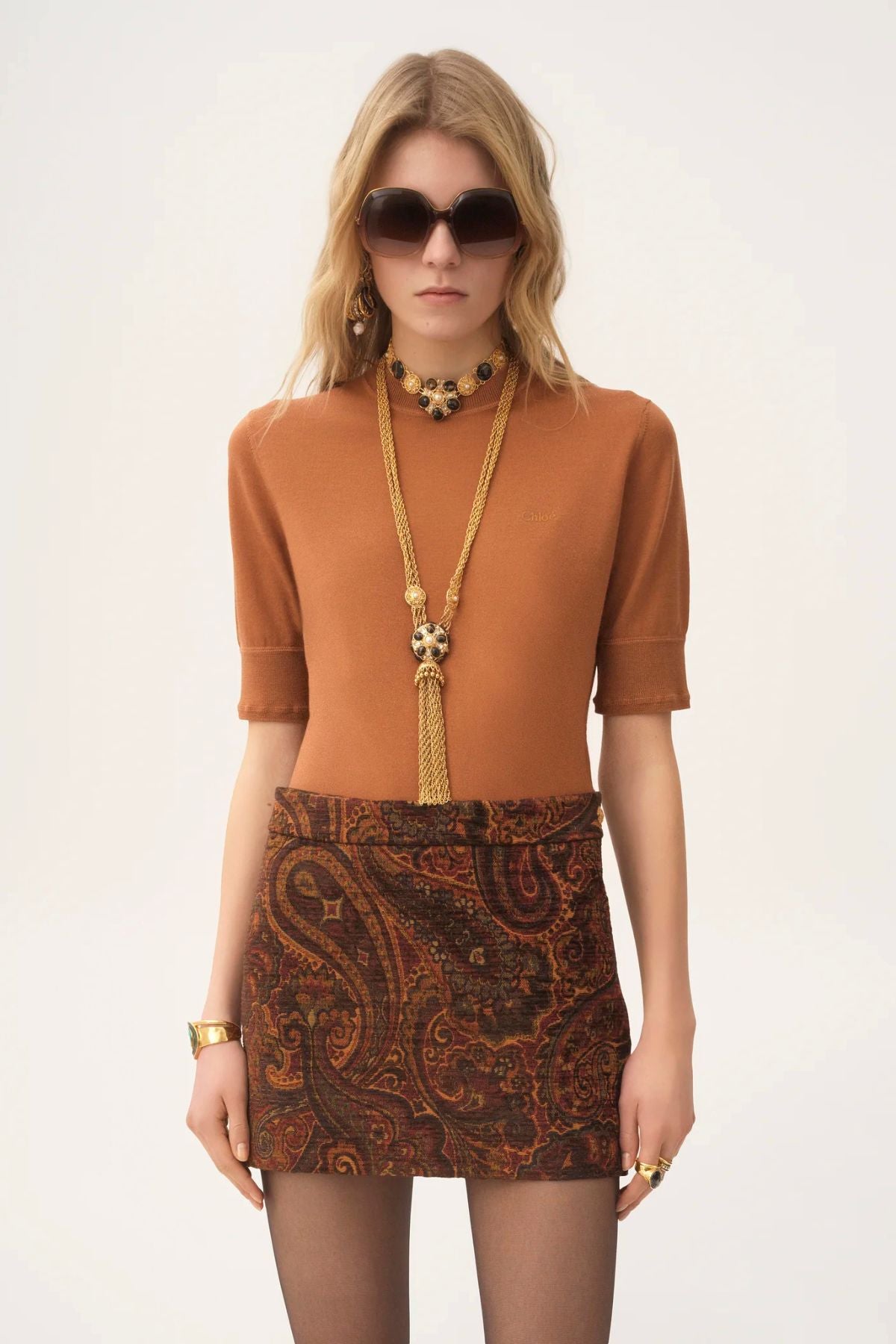 Chloé Short Sleeve Logo Sweater - Cognac Brown