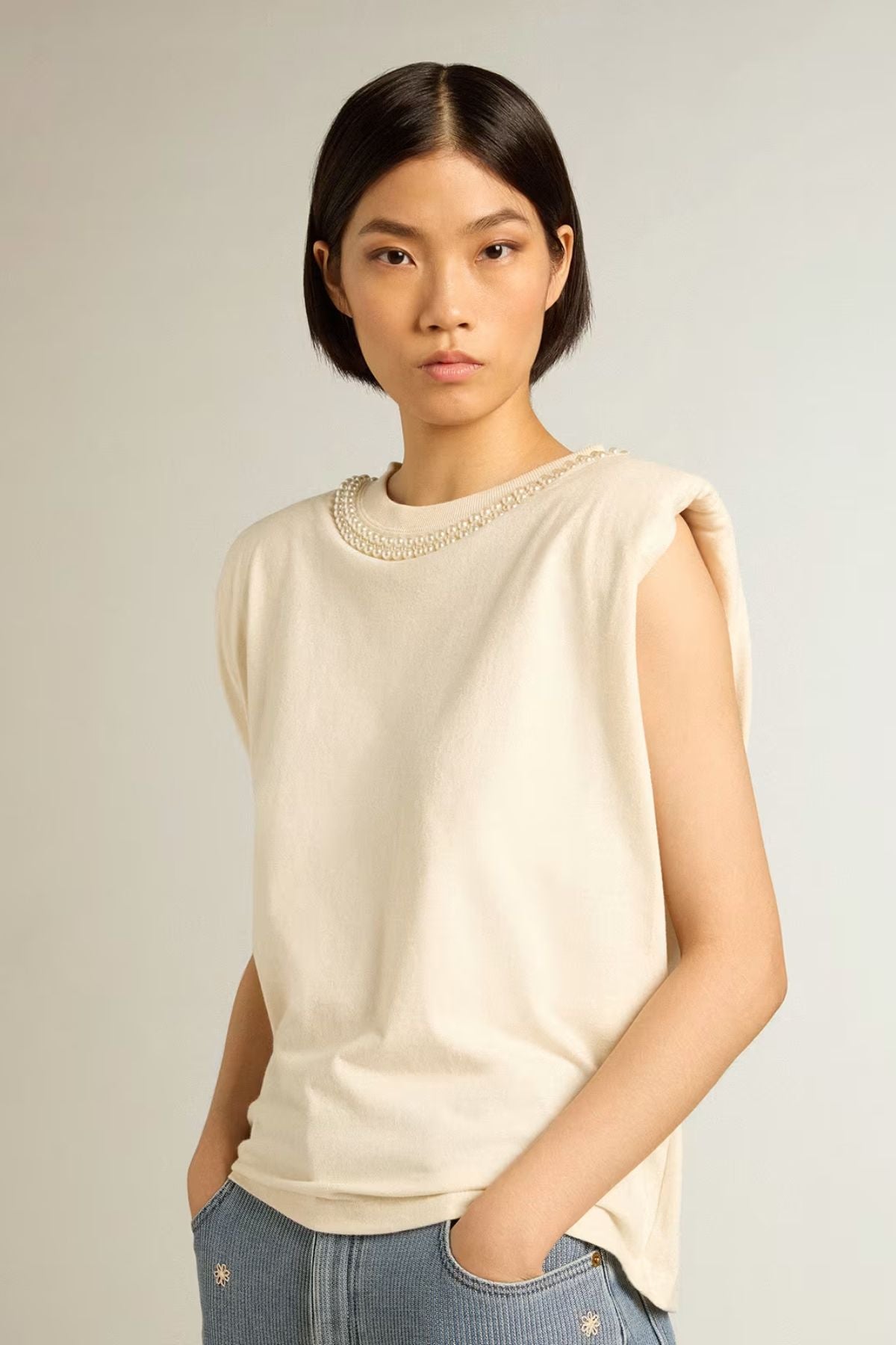 Golden Goose Aged Sleeveless T-Shirt with Pearl Embroidery - Heritage White