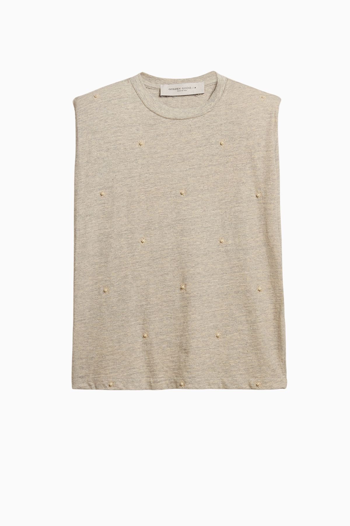 Golden Goose Aged Sleeveless T-Shirt with Scattered Pearl Embroidery - Melange Grey/ Heritage White