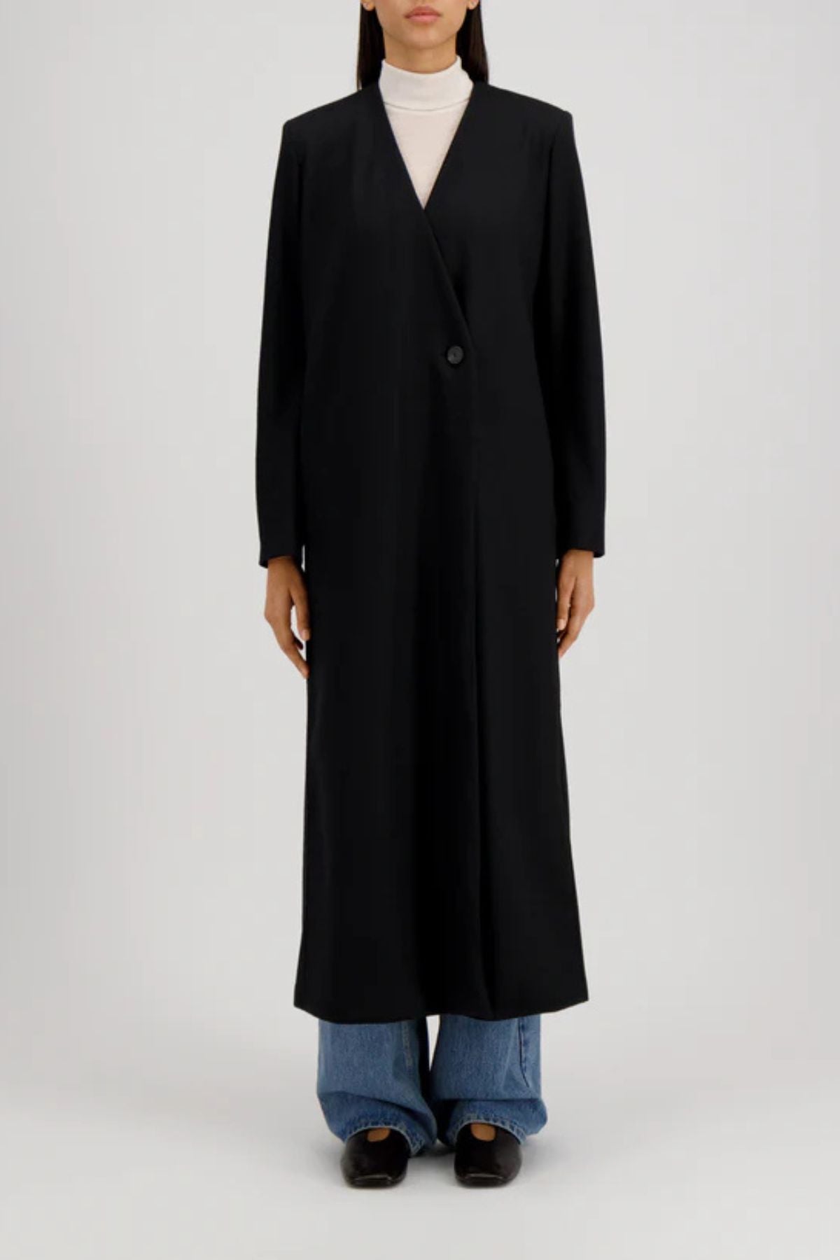 Harris Wharf Uncollared Coat with Shoulder Pads - Black