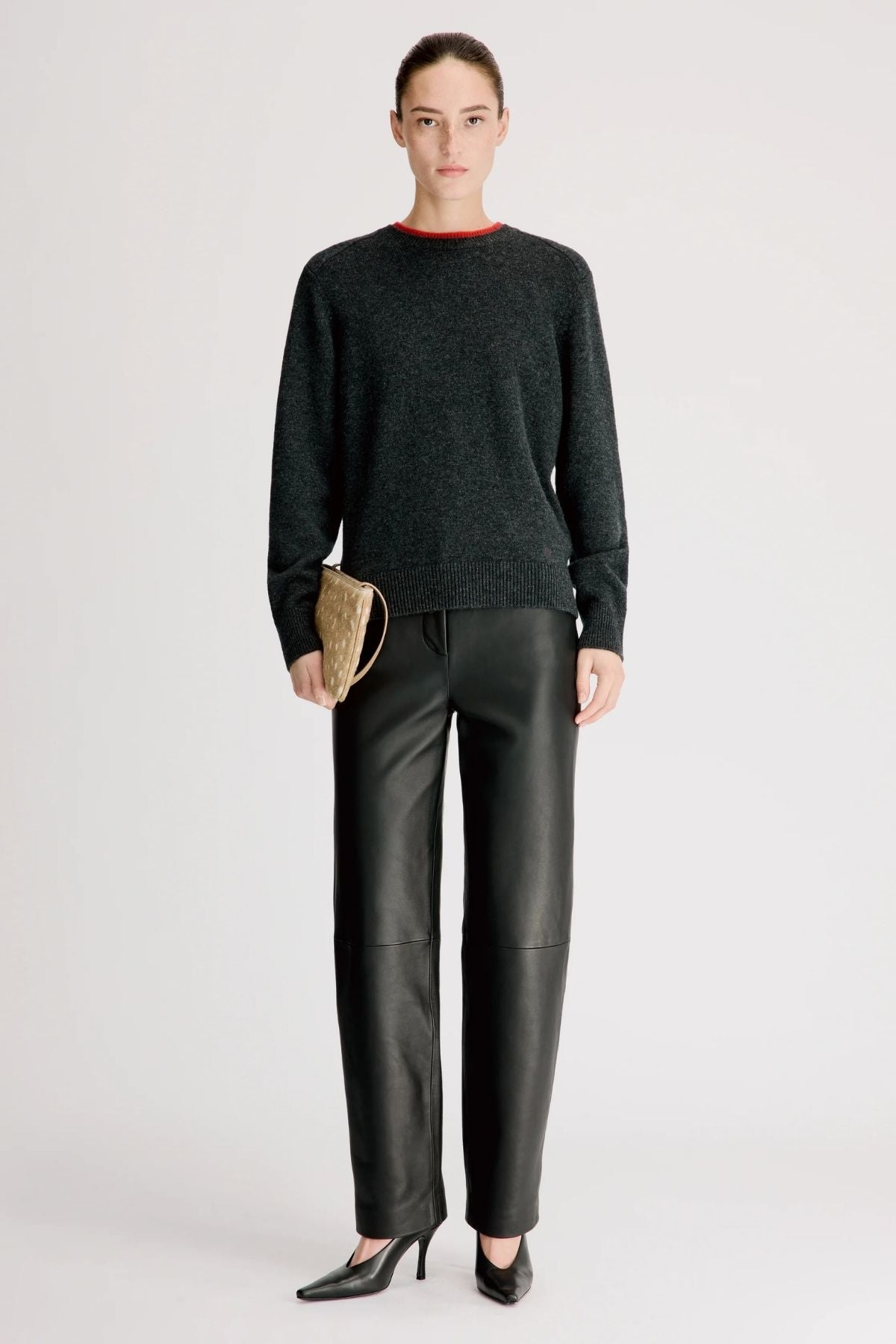 LOULOU DE SAISON Otis Bicolor Cashmere Sweater - Charcoal/ Red