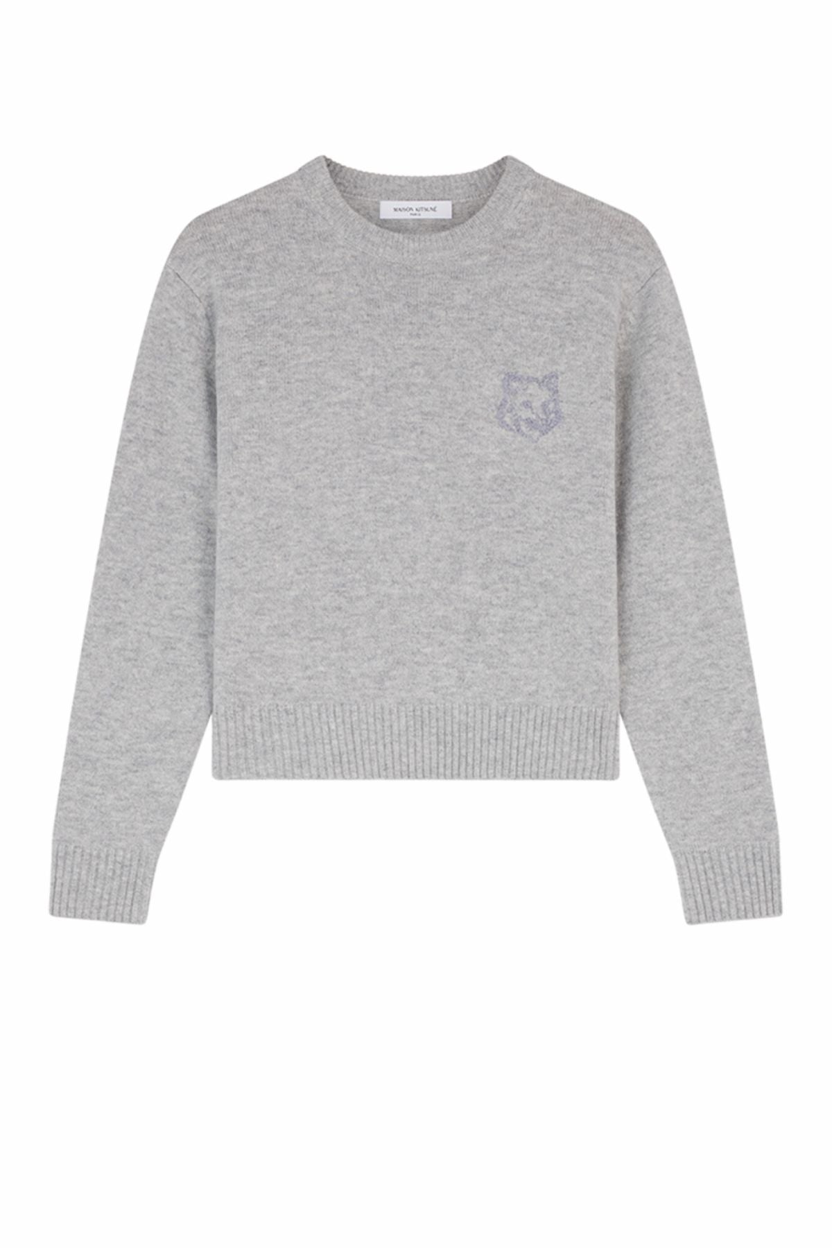 Maison Kitsuné Bold Fox Head Embroidered Cropped Jumper - Light Grey Melange
