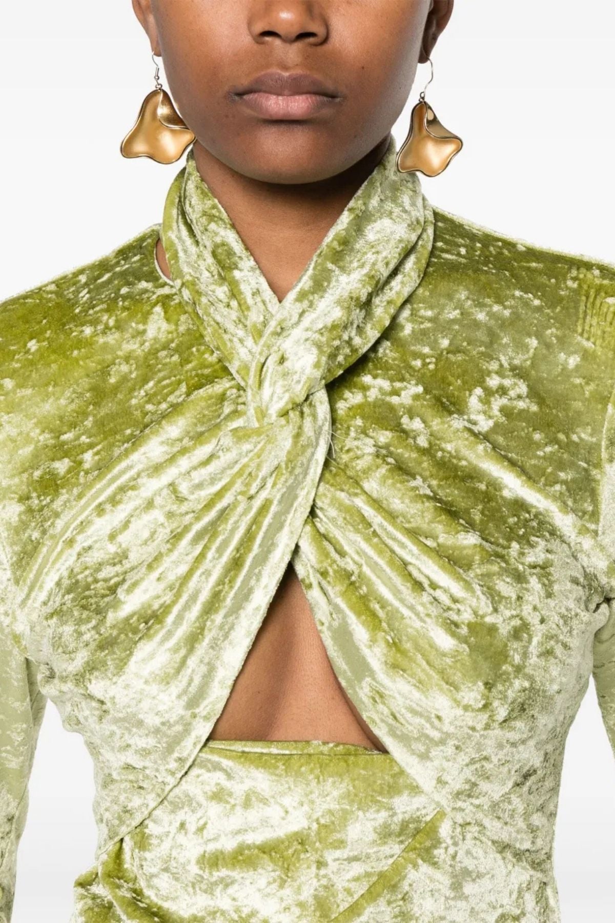 Nanushka Iride Twist-Front Crushed Velvet Top - Sage