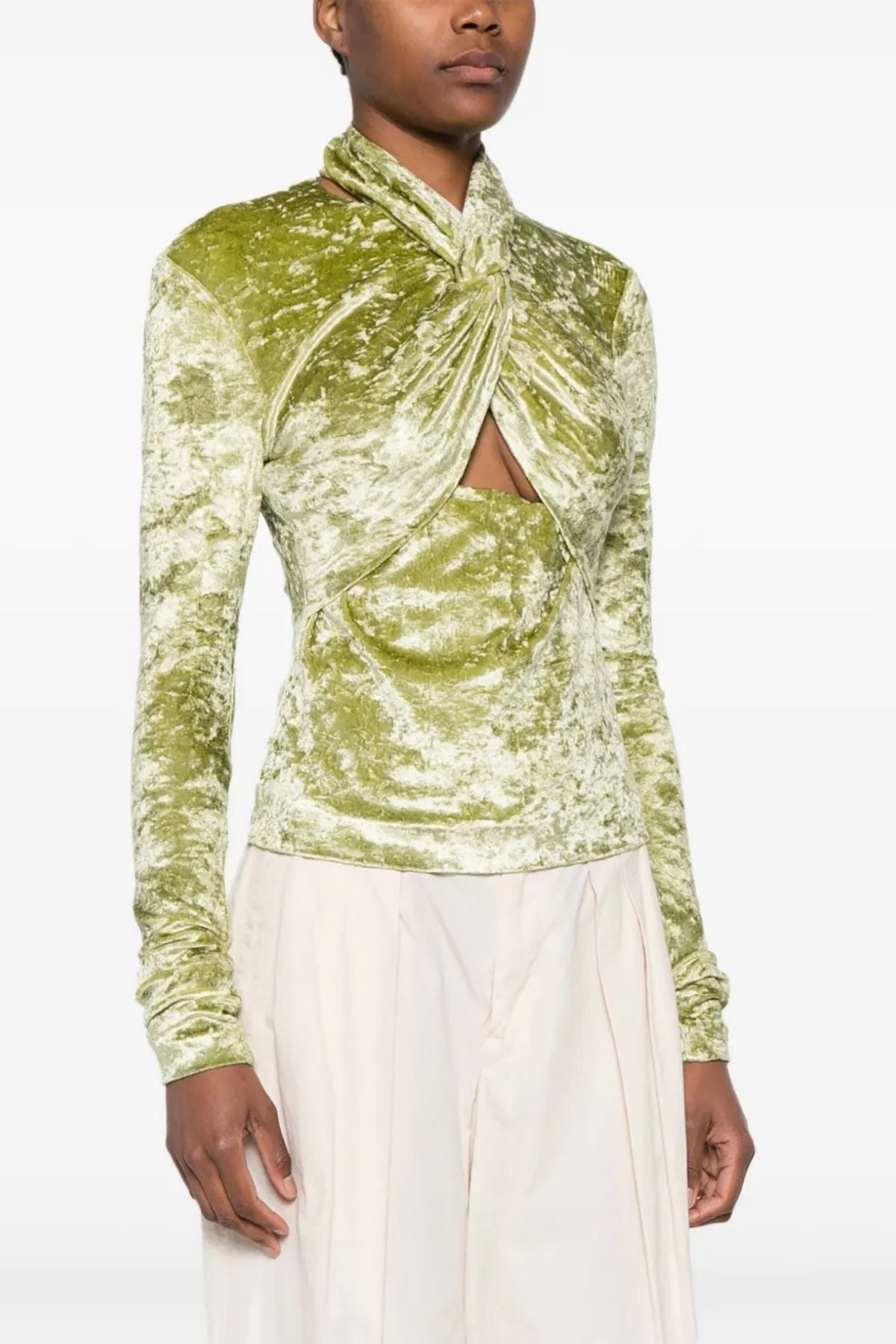Nanushka Iride Twist-Front Crushed Velvet Top - Sage