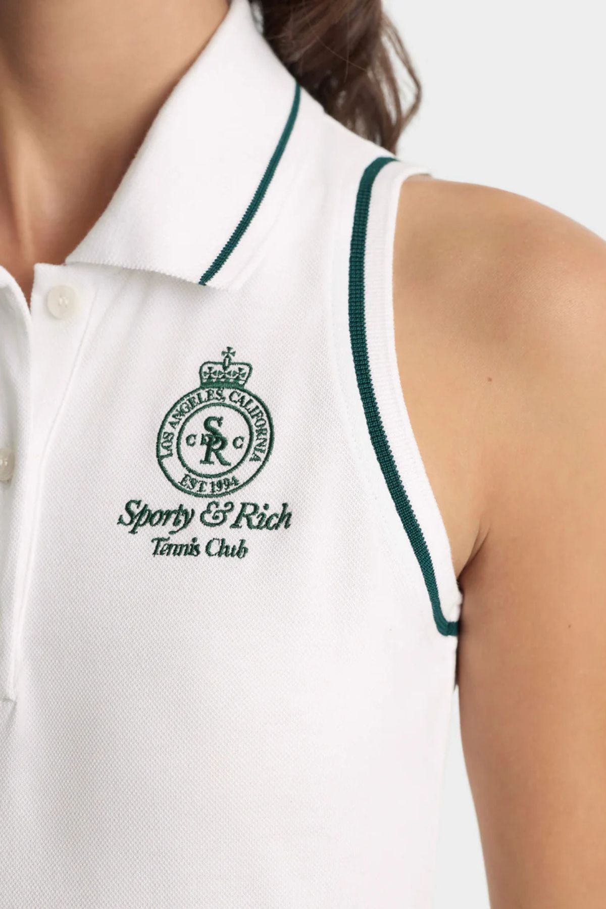 Sporty & Rich Crown Tennis Pique Polo Dress - White/ Forest