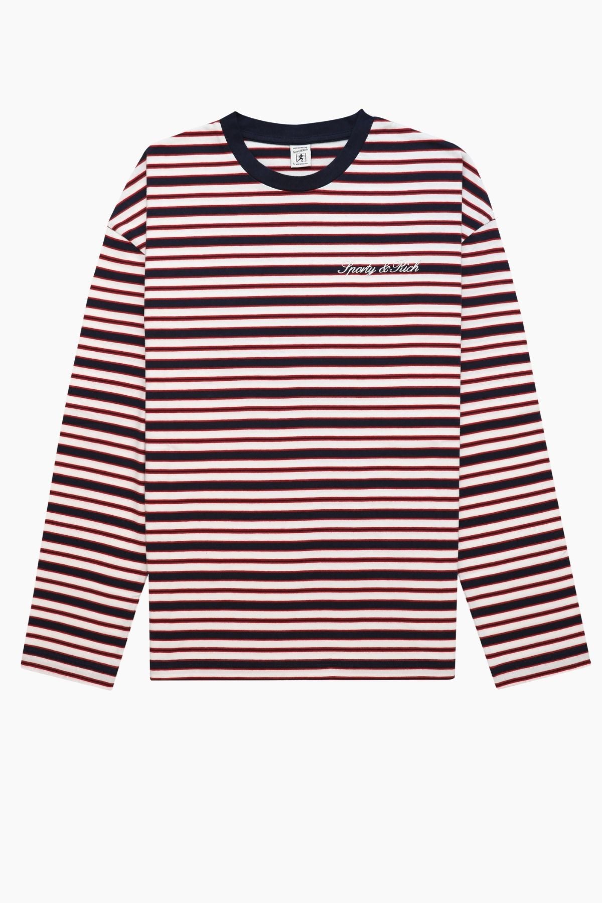 Sporty & Rich Fale Signature Logo Easy LS Top - Navy Red Striped