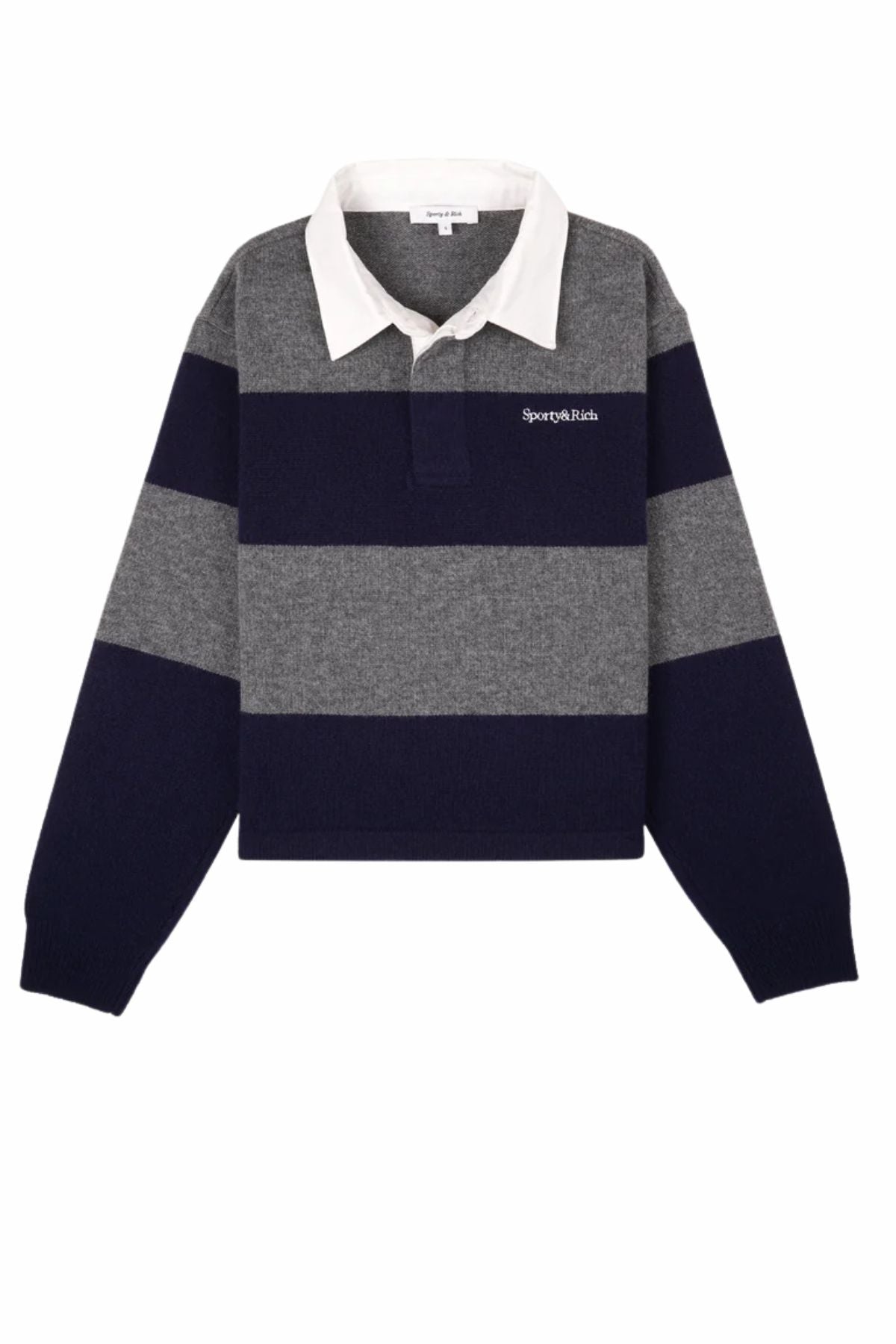 Sporty & Rich Serif Logo Cashmere Rugby Polo - Heather/ Navy/ Ecru