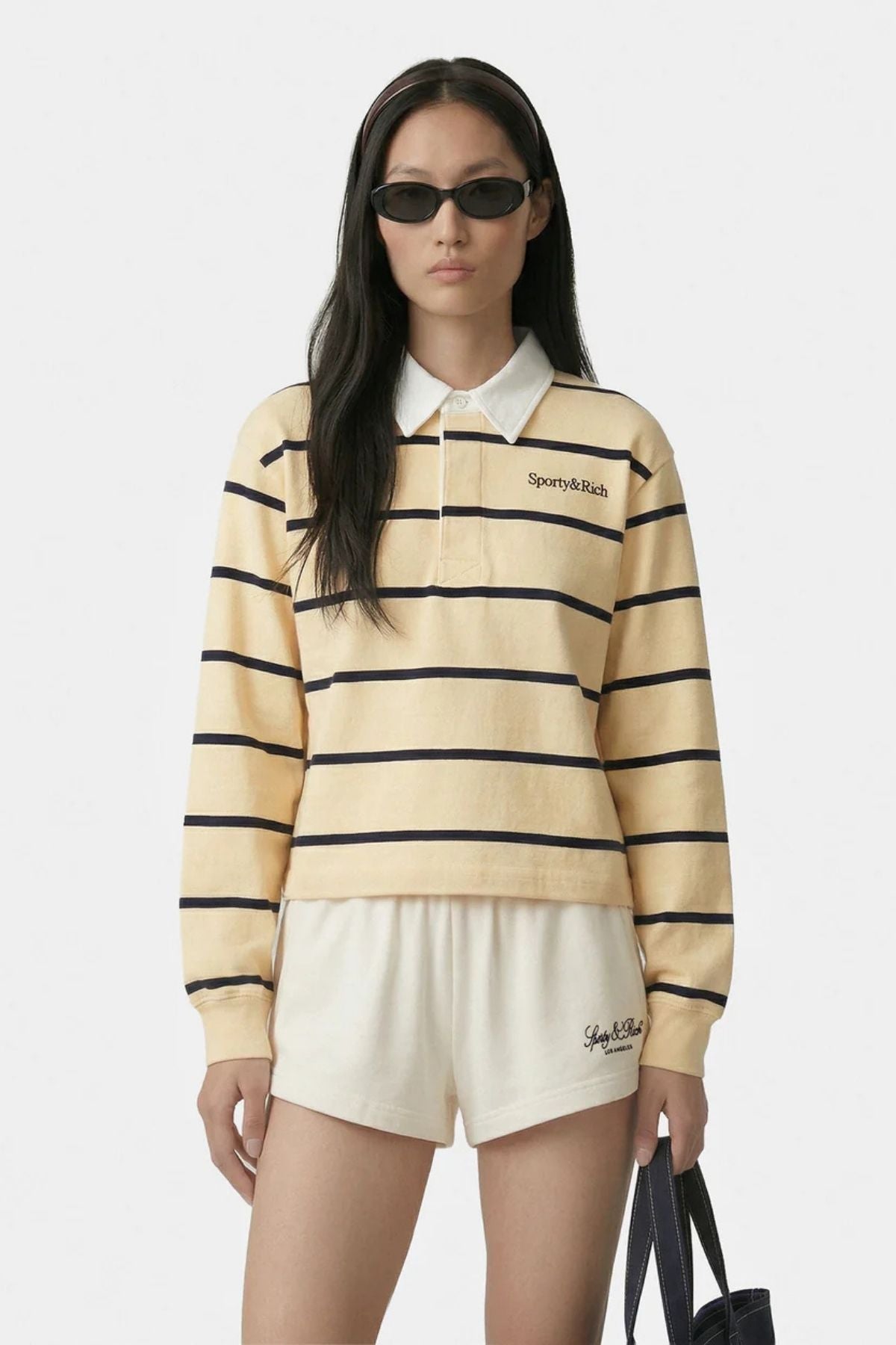 Sporty & Rich Serif Logo Rugby Polo - Almond/ Navy