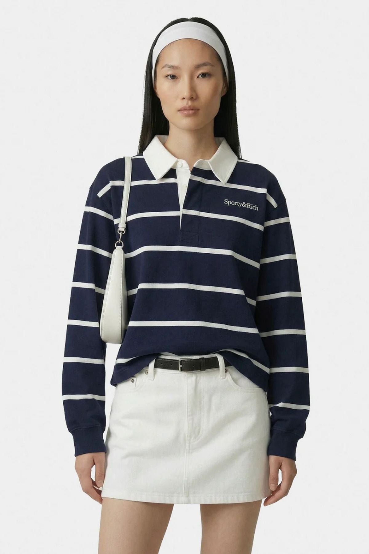 Sporty & Rich Serif Logo Rugby Polo - Dark Navy/ White
