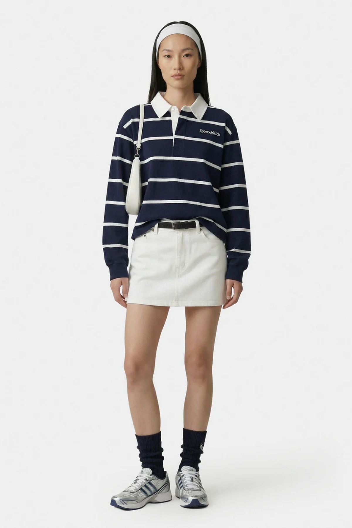Sporty & Rich Serif Logo Rugby Polo - Dark Navy/ White