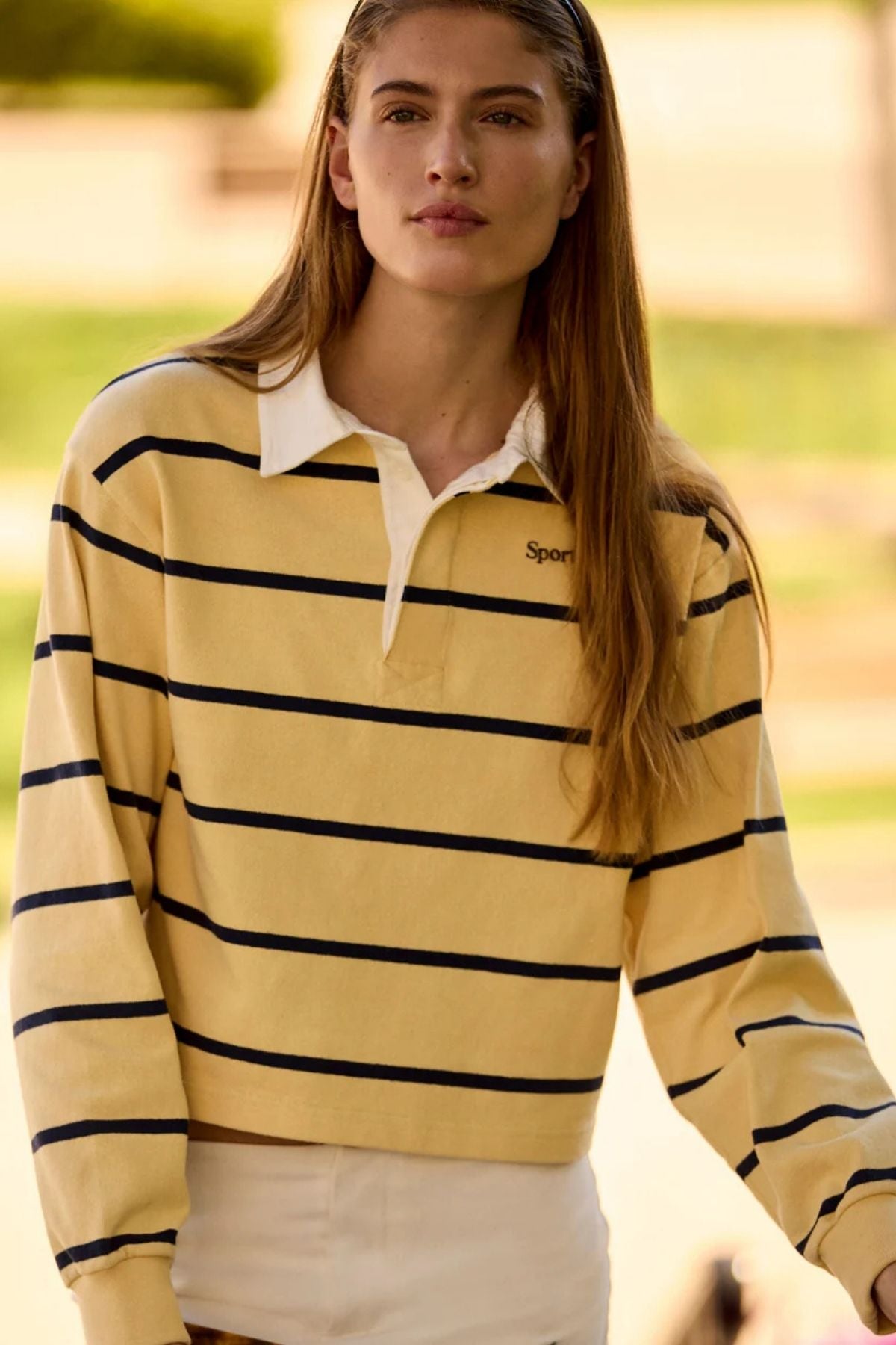Sporty & Rich Serif Logo Rugby Polo - Almond/ Navy