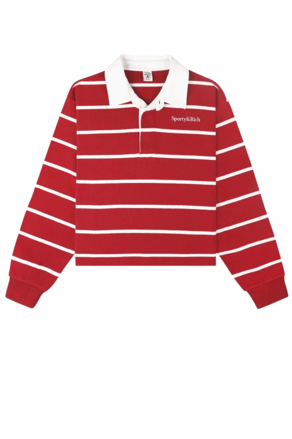 Sporty & Rich Serif Logo Cropped Rugby Polo - Ruby/White