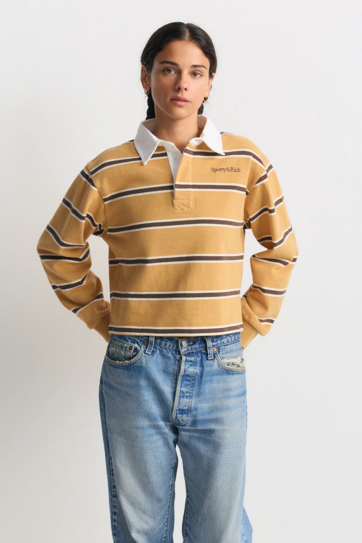 Sporty & Rich Serif Logo Rugby Polo - Camel/ Choc/ Cream