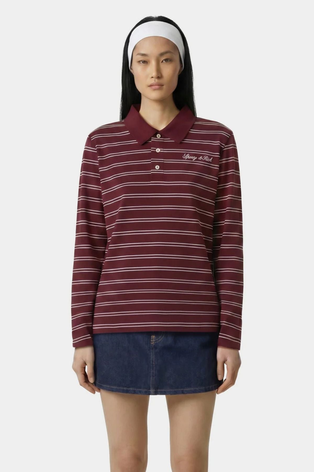 Sporty & Rich Signature Logo Easy LS Polo - Bordeaux/ White