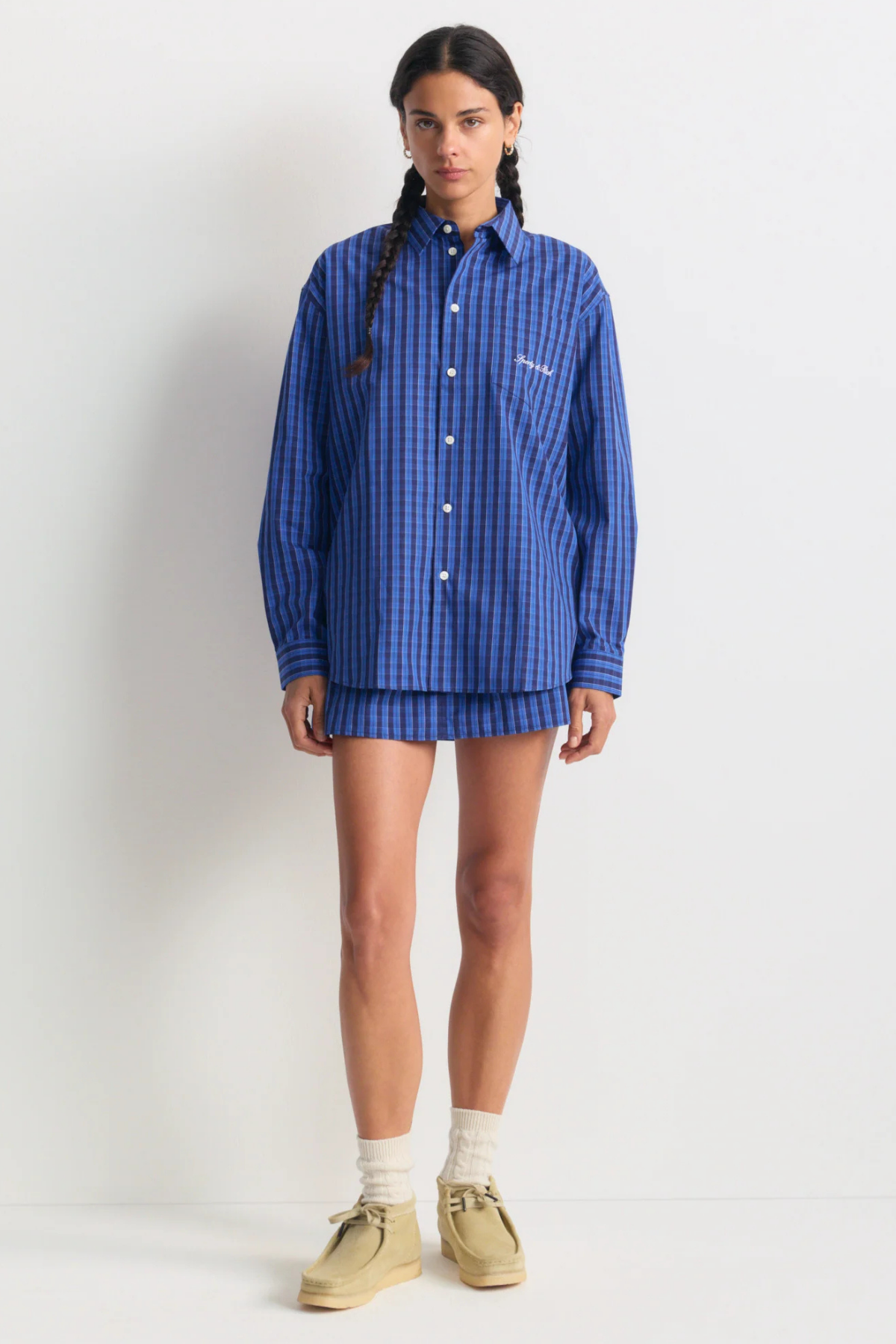 Sporty & Rich Signature Logo Oversized Shirt - Blue Check