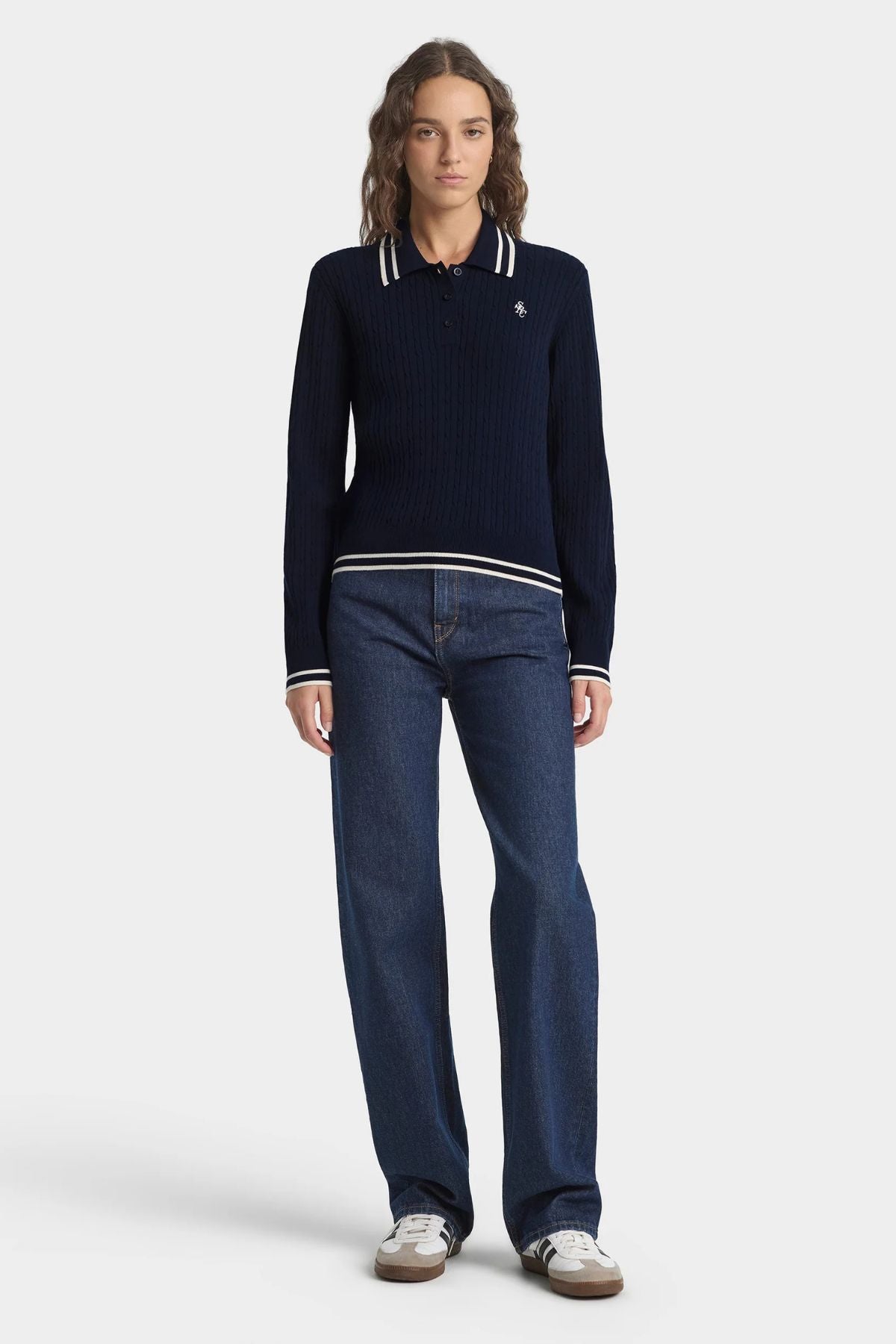 Sporty & Rich SRC Mini Cable LS Polo - Dark Navy/ Ecru