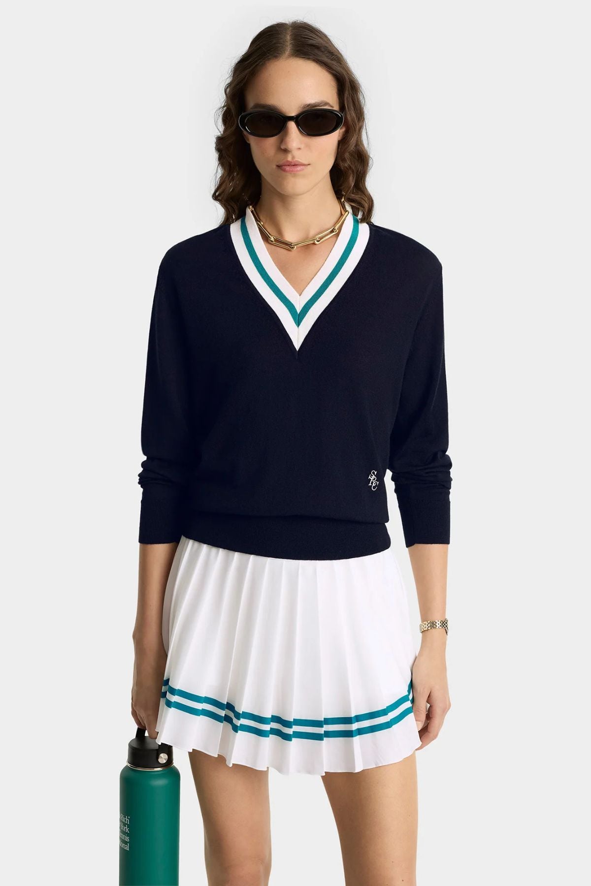 Sporty & Rich SRC Minimalist V-Neck Sweater - Dark Navy/ Off White