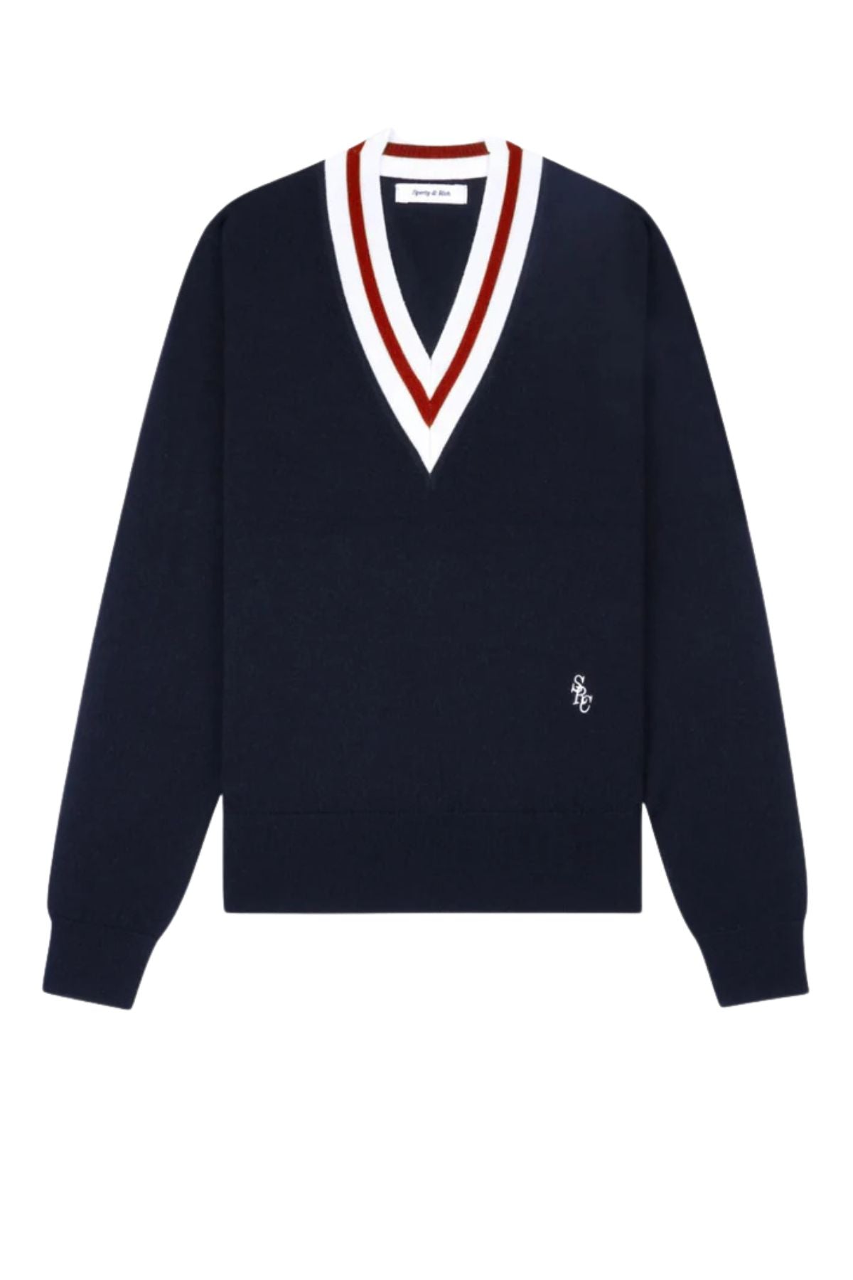 Sporty & Rich V-Neck Sweater - Dark Navy/ Ecru/ Ruby