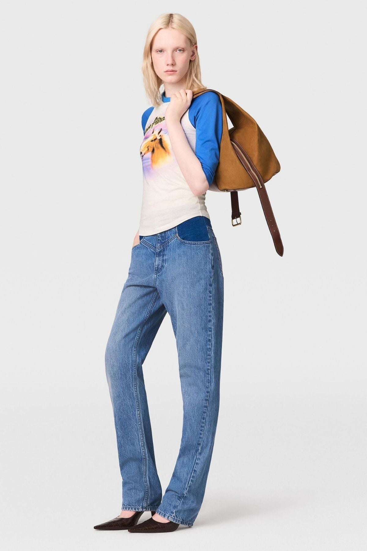 Stella McCartney Air Brush Horse Print Baseball T-Shirt - White/ Royal Blue
