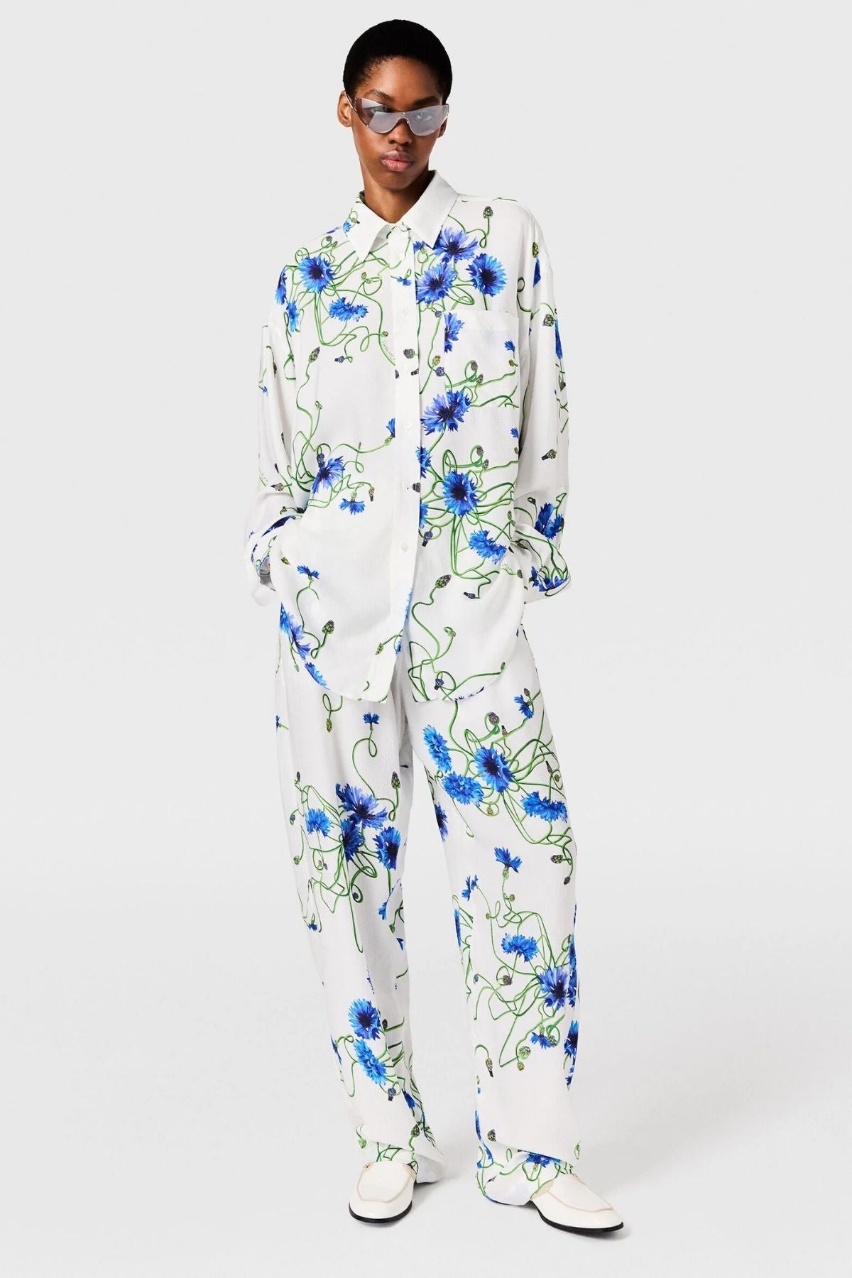 Stella McCartney Floral Print Hammered Overshirt - Cornflower